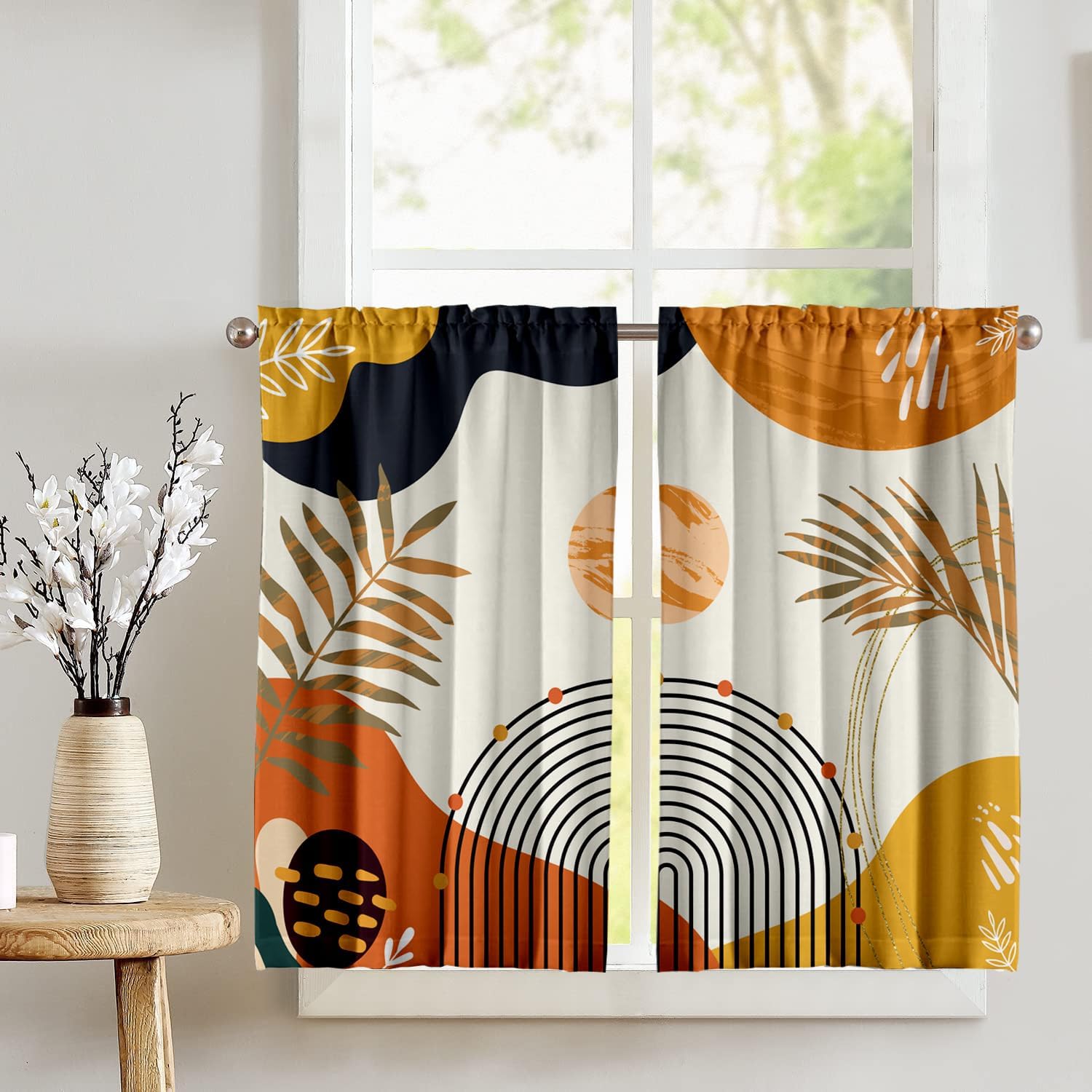 GOLDLAWN Orange Boho Curtains 39 Inch Mid Century Cafe Drapes for Small Windows Abstract Leaves Rainbow Colorful Modern Geometric Window Curtains for Kitchen Living Room Bathroom Laundry 2 Panels