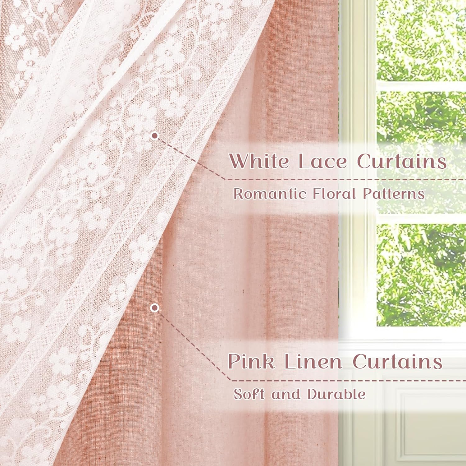 ASPMIZ Linen Pink Kitchen Tier Curtains 36 Inch Length, Double Layered Kitchen Curtain with Linen and Lace, Rod Pocket Window Curtains with Tiebacks, Boho Window Treatments for Bathroom Cafe, 2 Panel