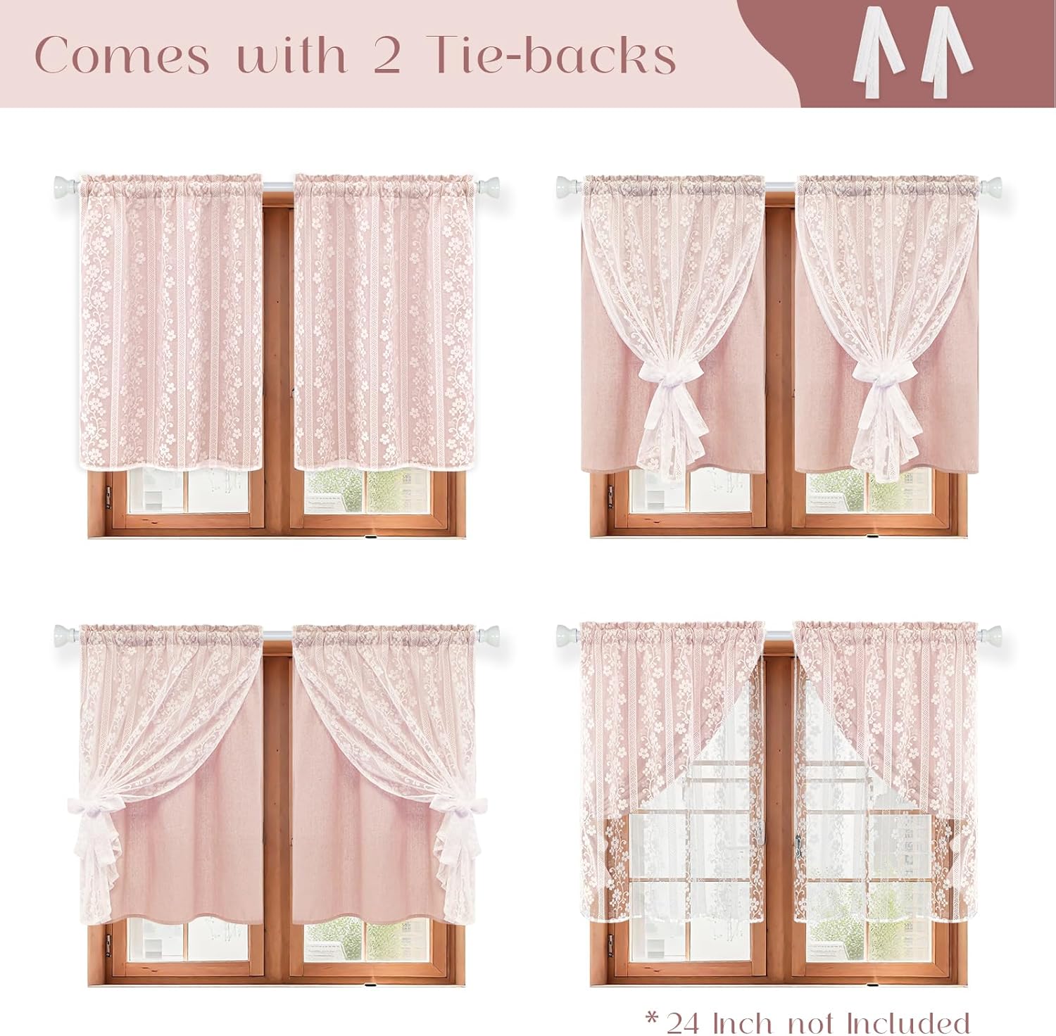 Alternative view of ASPMIZ Linen Pink Kitchen Tier Curtains 36 Inch Length, Double Layered Kitchen Curtain with Linen and Lace, Rod Pocket Window Curtains with Tiebacks, Boho Window Treatments for Bathroom Cafe, 2 Panel