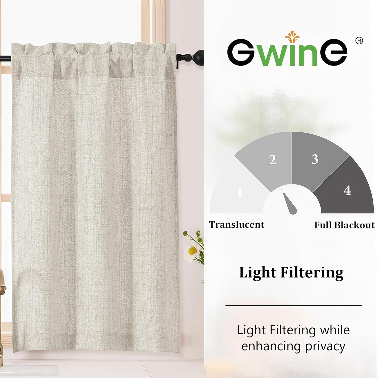 Alternative view of Gwine Natural Kitchen Curtains 36 Inch Length 2 Panels, Light Filtering Textured Short Half Window Cafe Curtains, Modern Soft Small Window Drapes for Bathroom Basement Bedroom, 30Wx36L inch, 2PCS
