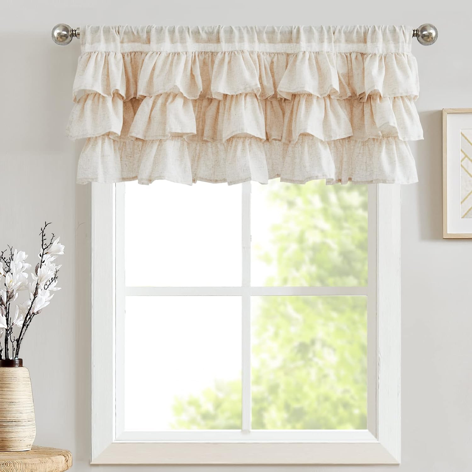 jinchan Ruffled Valance Curtain Linen Kitchen Window Valance for Living Room Bedroom 18 Inch Farmhouse Cottage Shabbychic Style Light Filtering Small Window Treatment 1 Panel Crude