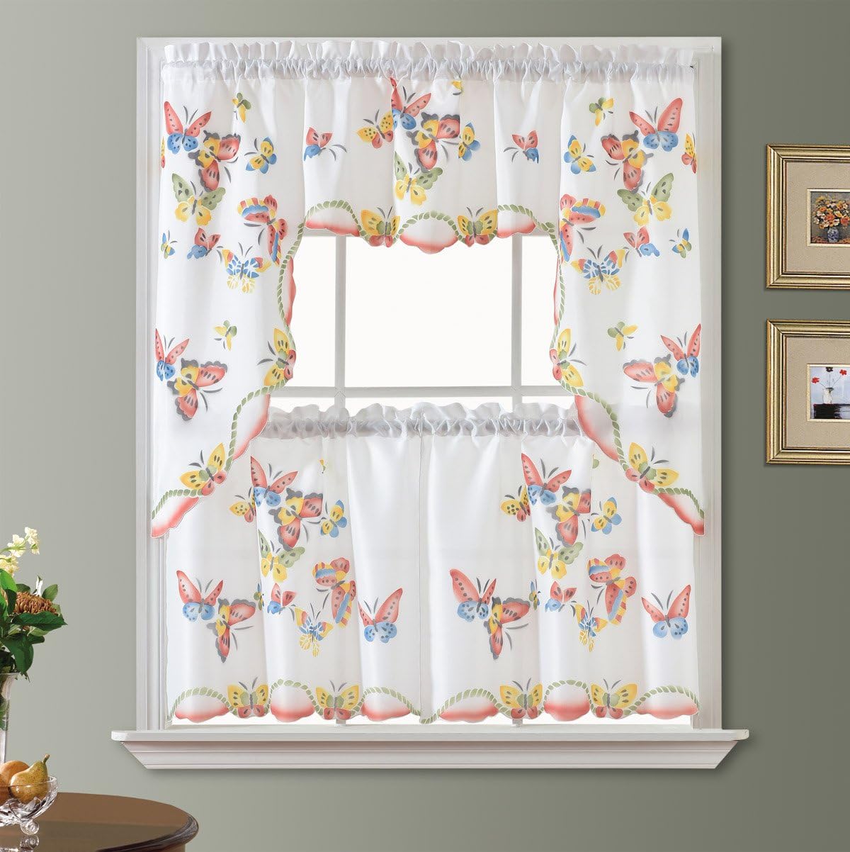 GOHD 3pcs Kitchen Curtain/Cafe Curtain Set, Farmhouse Air-Brushed by Hand of Flying Butterfly Design. (Swag and 24 inches Tiers Set)