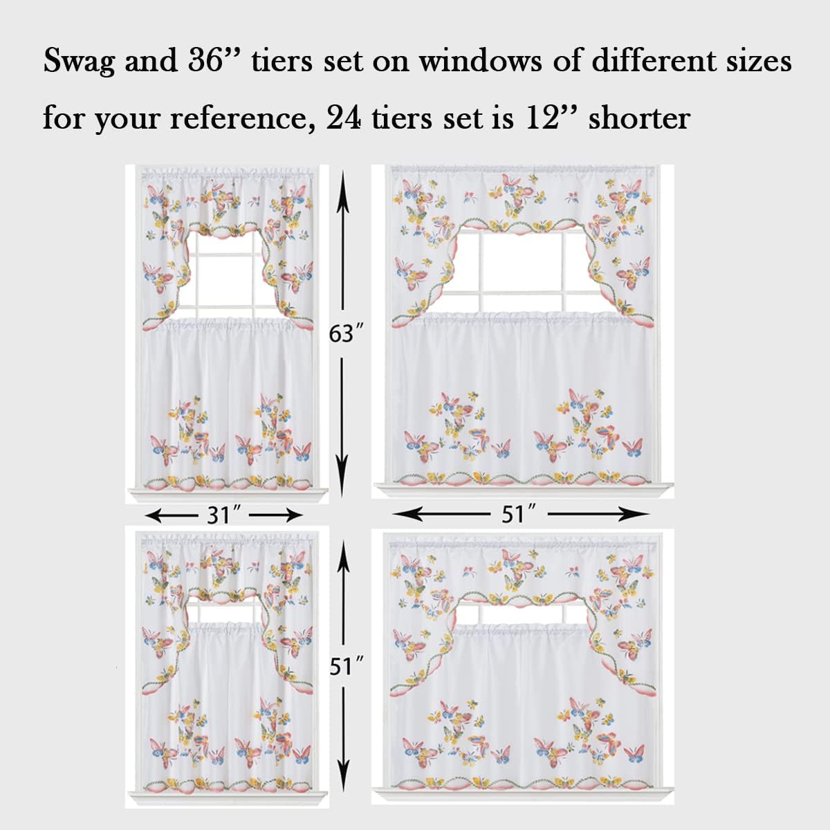 Alternative view of GOHD 3pcs Kitchen Curtain/Cafe Curtain Set, Farmhouse Air-Brushed by Hand of Flying Butterfly Design. (Swag and 24 inches Tiers Set)