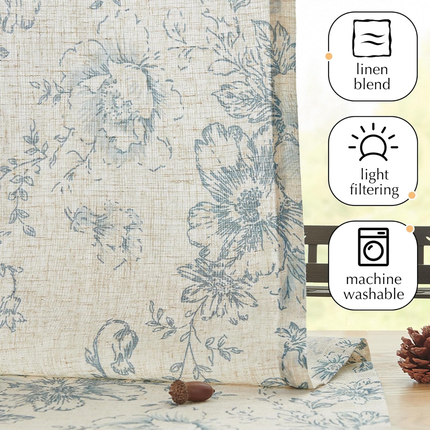 Alternative view of jinchan Floral Kitchen Curtains Set Linen Tier Curtains and Valance Farmhouse Drapes for Small Windows 36 Inch Length for Cafe Living Room Bathroom Rod Pocket 3 Pieces Set Blue on Linen