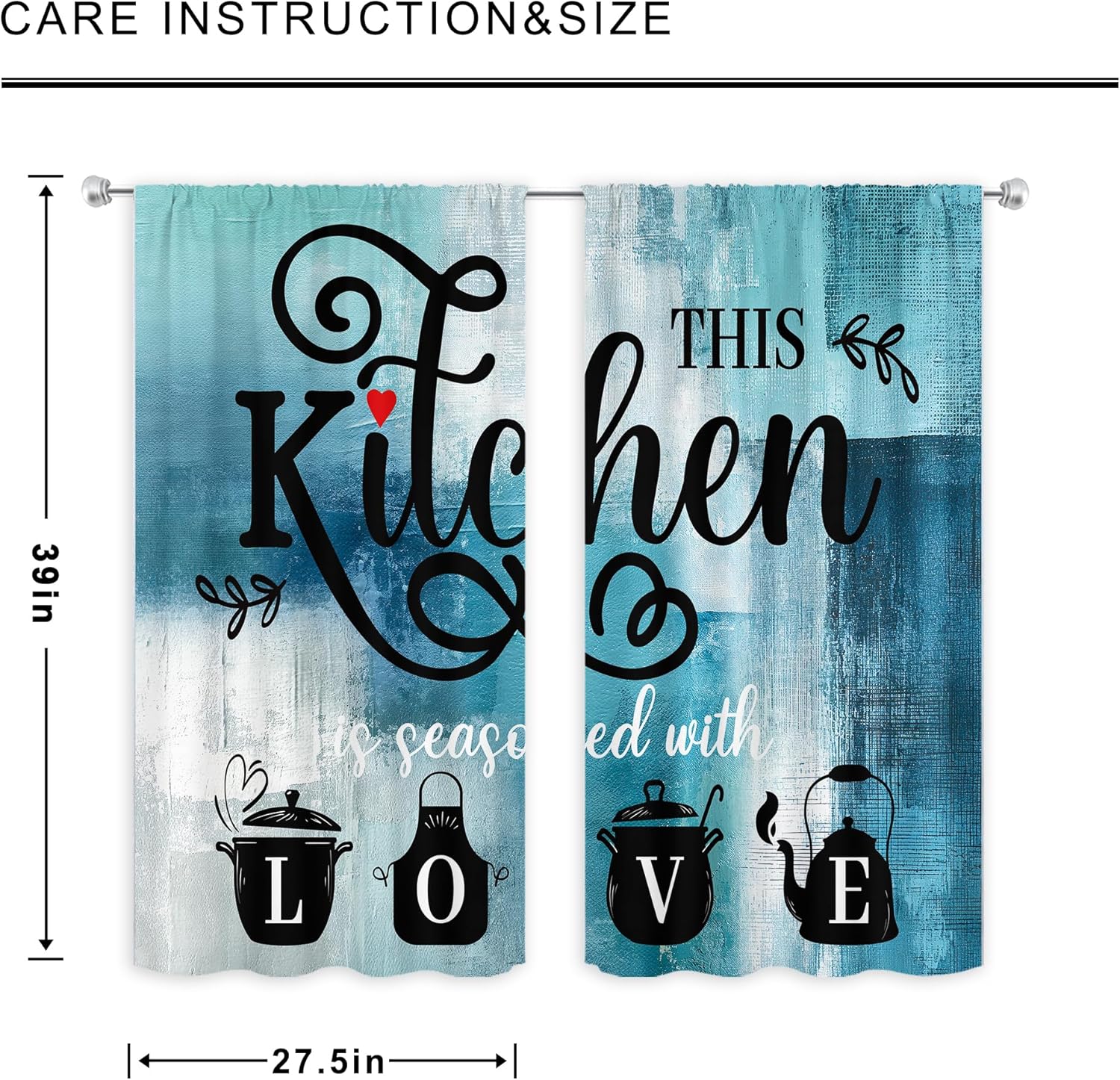 MESHELLY Teal Kitchen Curtains 27.5Wx39H Inch Rod Pocket Vintage Farmhouse Turquoise Grey Blue Abstract Bedroom Window Drapes Watercolor Quotes Printed Living Room Window Treatment Fabric 2 Panels