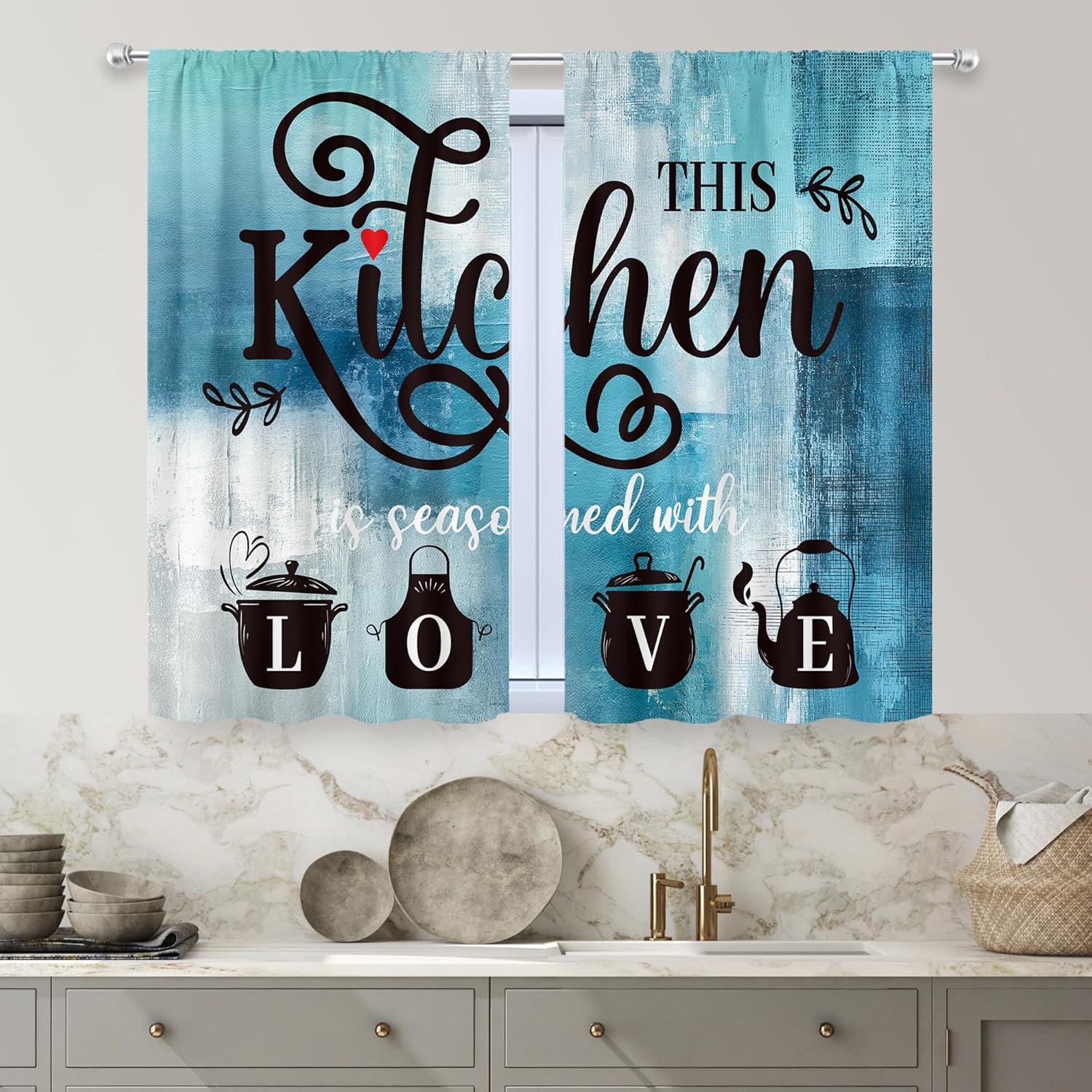Alternative view of MESHELLY Teal Kitchen Curtains 27.5Wx39H Inch Rod Pocket Vintage Farmhouse Turquoise Grey Blue Abstract Bedroom Window Drapes Watercolor Quotes Printed Living Room Window Treatment Fabric 2 Panels