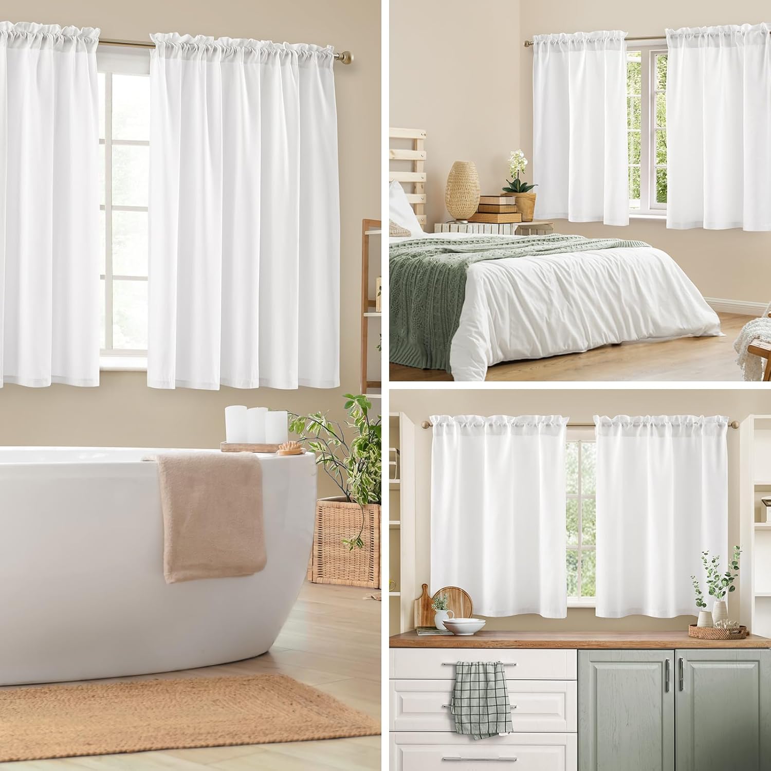 HOMEIDEAS Non-See-Through White Privacy Sheer Kitchen Curtains 36 Inches Long 2 Panels Set Light Filtering Short Tier Curtains for Living Room Bedroom Cafe Window Drapes W30xL36