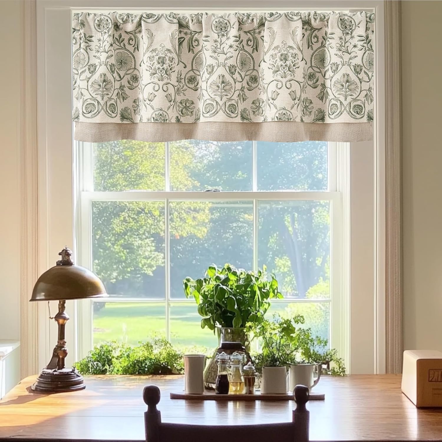 jinchan Linen Valance Kitchen Curtain for Windows Double Layer 16 Inch for Living Room Bedroom Window Treatment Light Filtering Vintage Rustic Farmhouse Cottagecore Rod Pocket 1 Panel Green on Beige