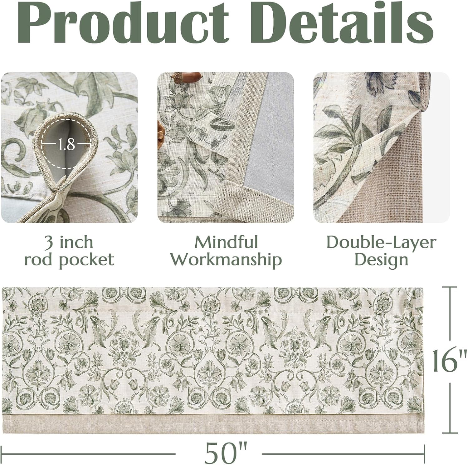 Alternative view of jinchan Linen Valance Kitchen Curtain for Windows Double Layer 16 Inch for Living Room Bedroom Window Treatment Light Filtering Vintage Rustic Farmhouse Cottagecore Rod Pocket 1 Panel Green on Beige