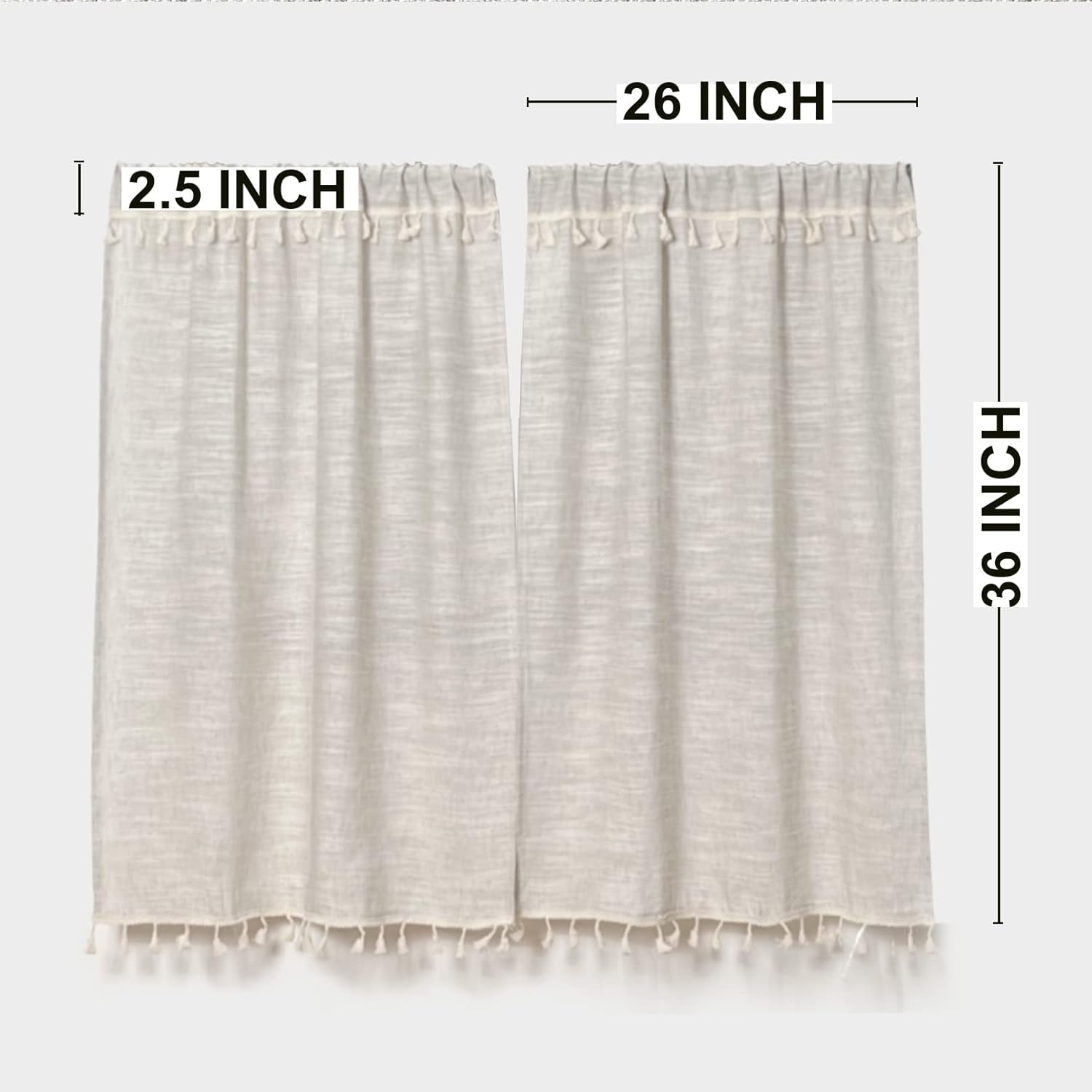 Boho Tassel Kitchen Curtains 36 Inch Length Modern Farmhouse Cotton Linen Short Cafe Curtains for Bathroom Small Window Country Rustic Tiers Bohemian Decor (26W x 36L, 2 Panels, Natural)