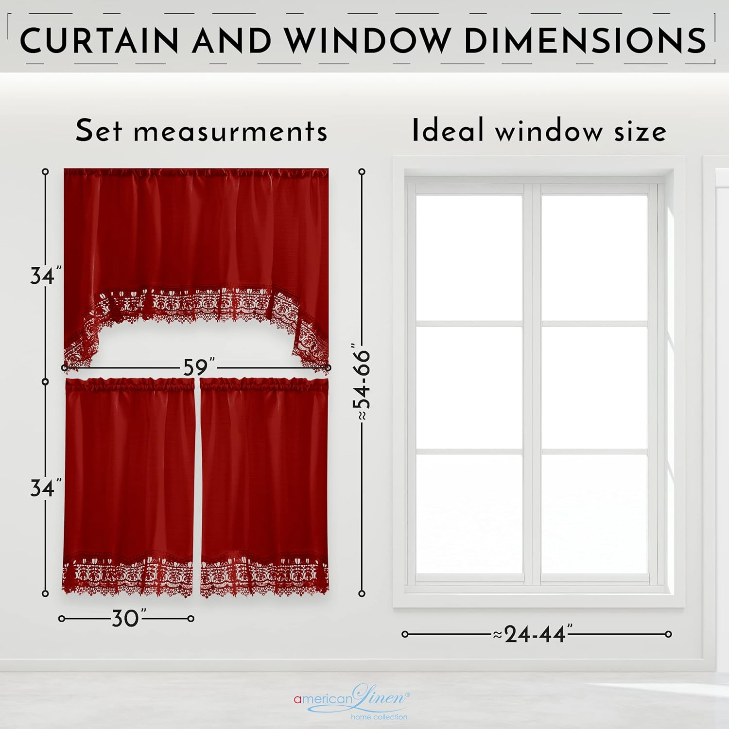 American Linen Café Curtains for Kitchen, Bathroom Curtains with Valance, Embroidered lace Border. (Red)