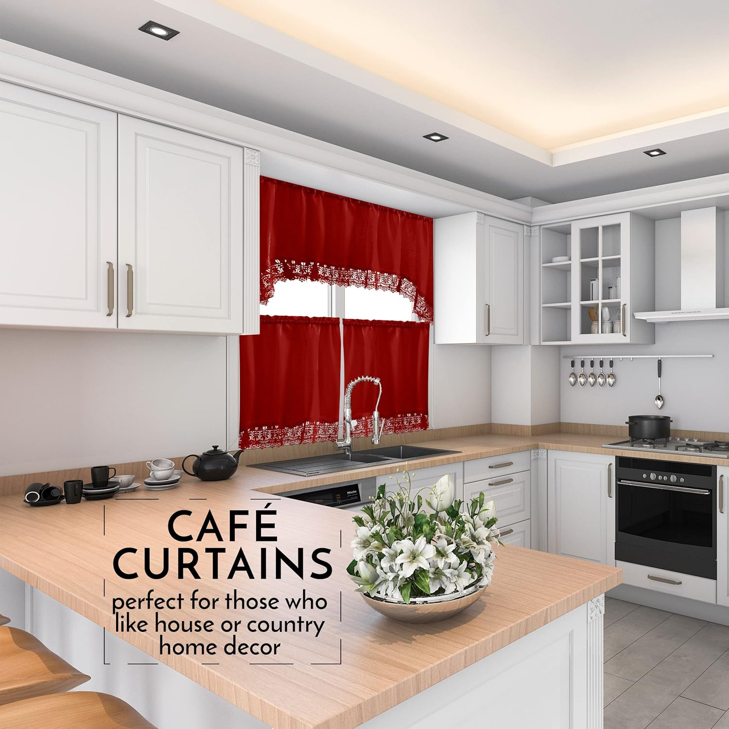 Alternative view of American Linen Café Curtains for Kitchen, Bathroom Curtains with Valance, Embroidered lace Border. (Red)