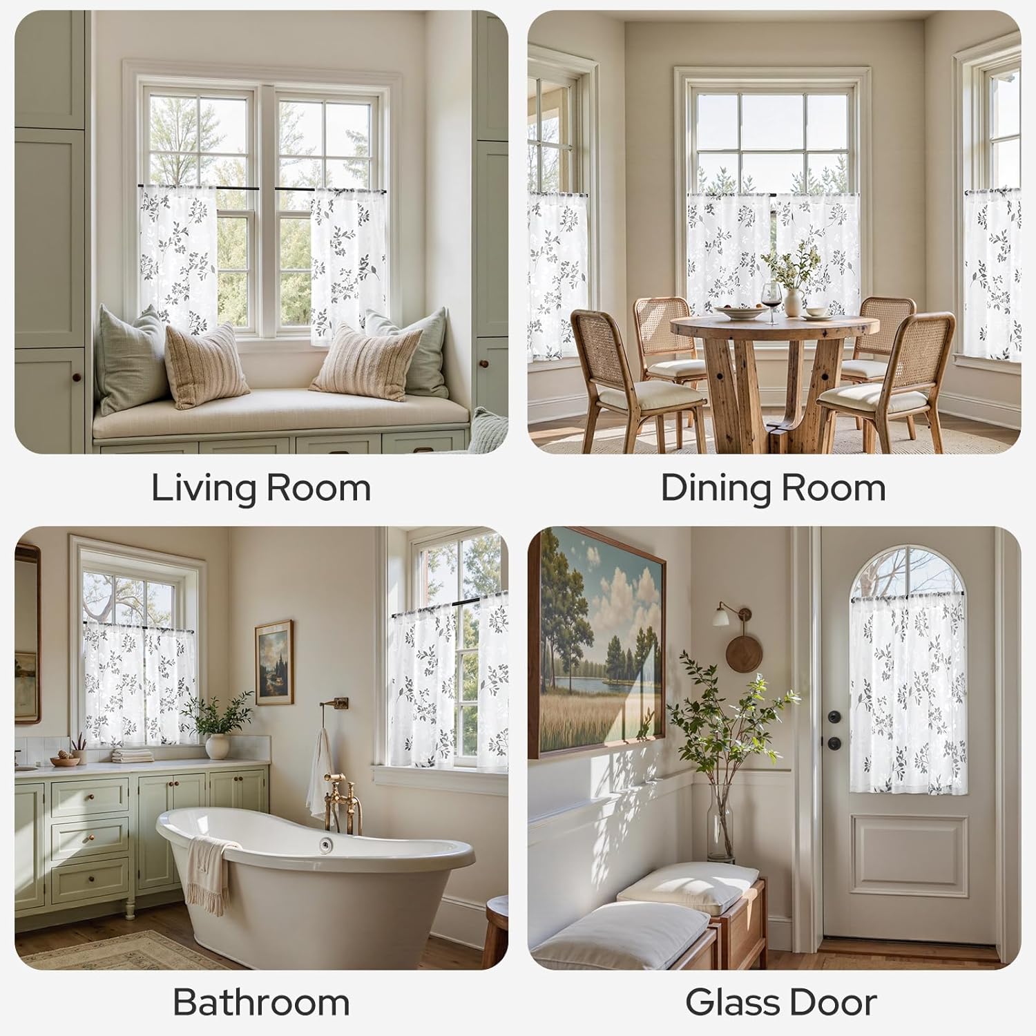 Alternative view of HOMEIDEAS Kitchen Curtains 36 Inch Length Cafe Tier Drapes, Light Filtering Semi Sheer Curtains, White and Grey Printed Leaf Bathroom Window Drapes for Small Window RV Camper, 2 Panels, 30 X 36 in