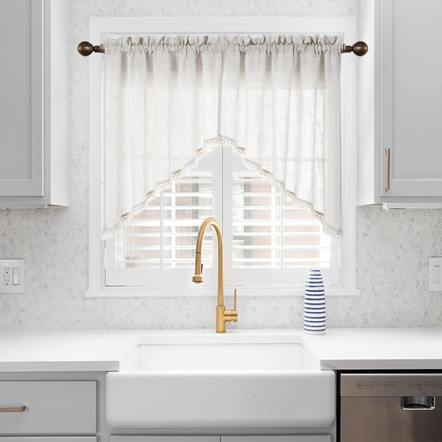 Beda Home Tassel Linen Textured Swag Curtain Valance for Farmhousesu2019 Kitchen; Light Filtering Rustic Short Swag Topper for Small Windows Bedroom Privacy Added Rod Pocket Design (Nature 36x36-2PCs)