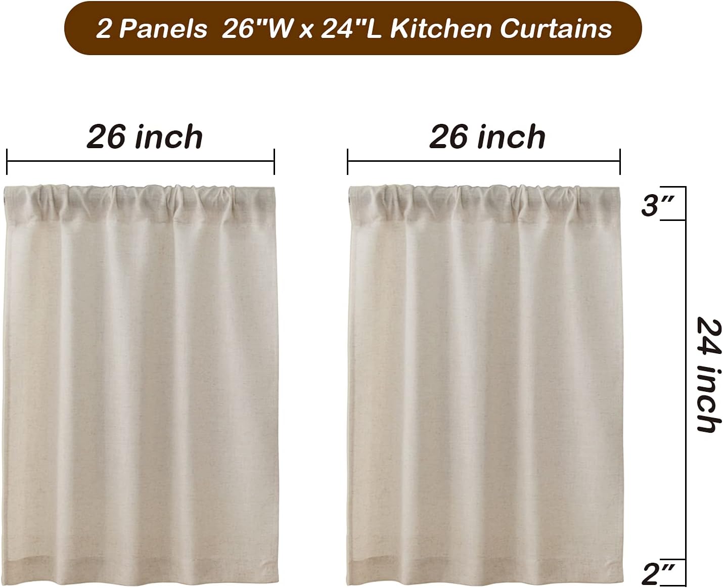 Valea Home Linen Kitchen Curtains 24 Inch Length Rustic Farmhouse Crude Short Cafe Curtains Rod Pocket Tiers for Small Window Bathroom Basement, Natural, 2 Panels