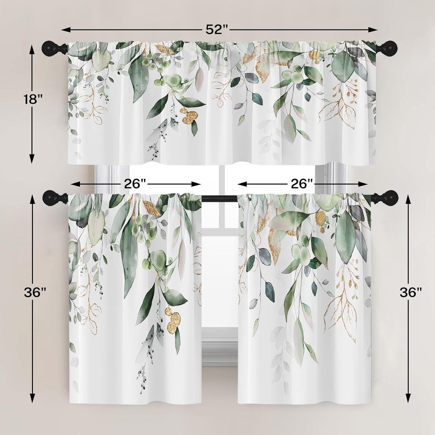 Emvency Spring Leaves Kitchen Window Curtains Valance and Tier Set 36 Inch, Green Eucalyptus Leaves 3 Piece Set Short Curtains, Summer Window Treatment Tiers for Living Room Bedroom