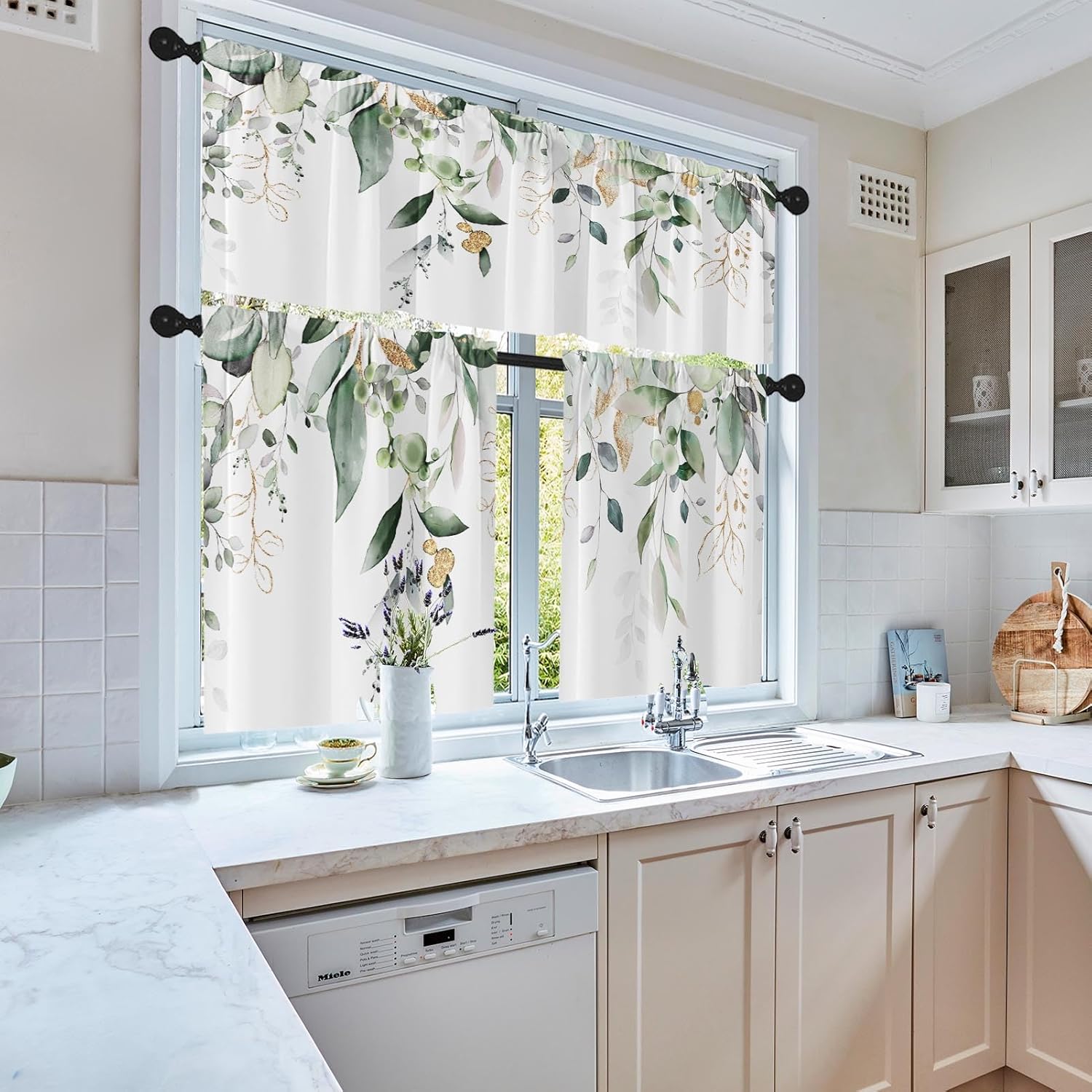 Alternative view of Emvency Spring Leaves Kitchen Window Curtains Valance and Tier Set 36 Inch, Green Eucalyptus Leaves 3 Piece Set Short Curtains, Summer Window Treatment Tiers for Living Room Bedroom
