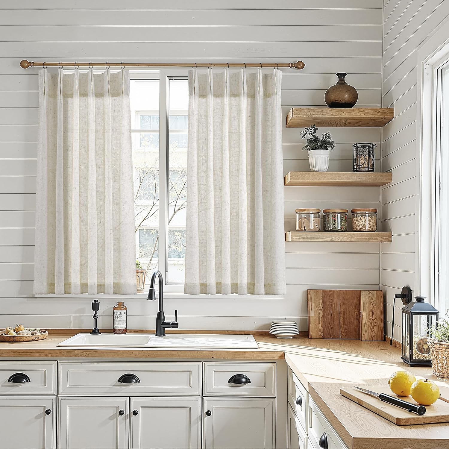 Alternative view of Fuhana Linen Kitchen Curtains,20 Inch Length Light Filtering Sheer Short Cafe Window Curtains Tier,Pinch Pleated Small Kitchen Drapes for Windows,2 Panels,(24" W x 20" L Natural)