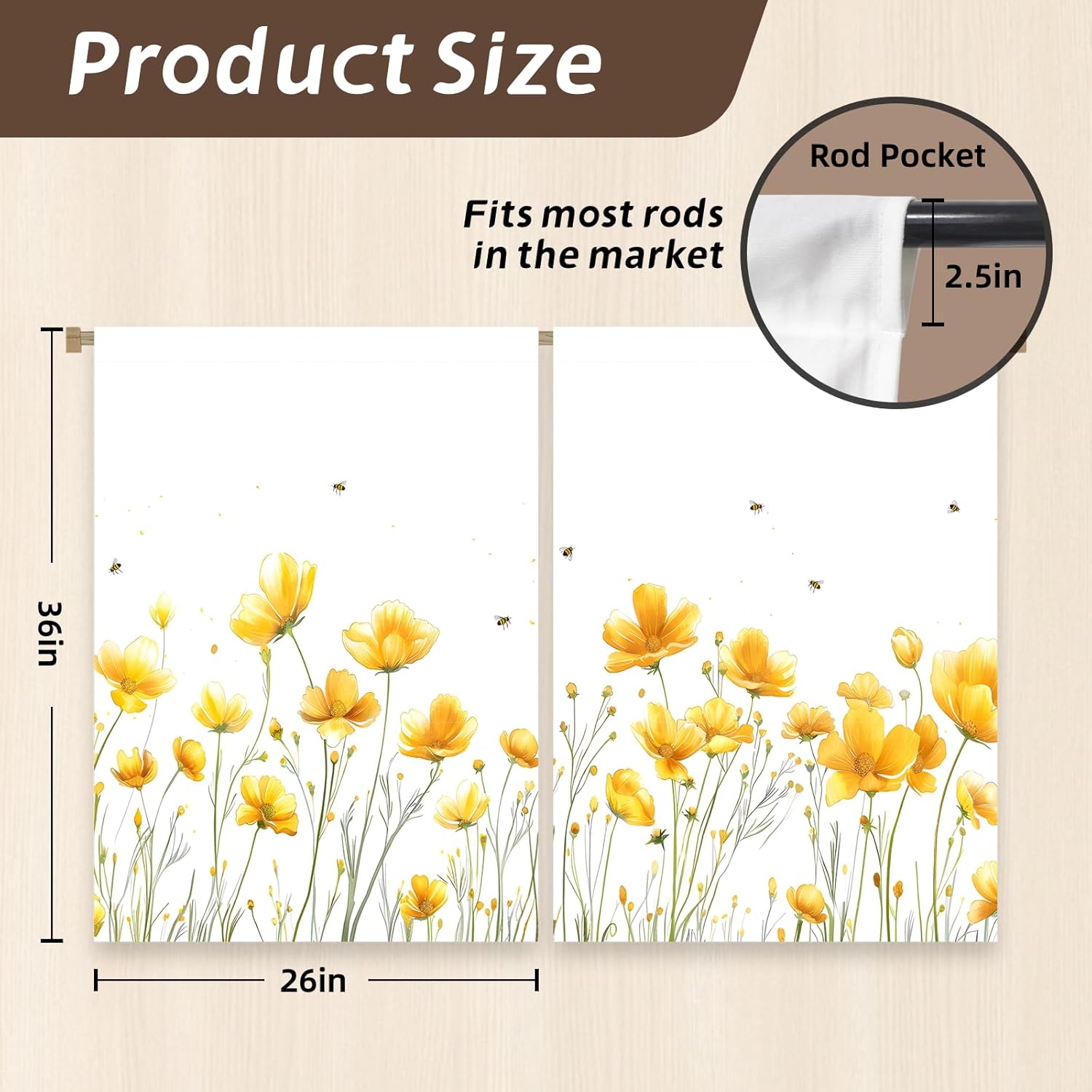 Stanoha Kitchen Curtains (2 Pcs) Over Sink for Bathroom Window Cafe Basement Cortinas para Cocina Farmhouse Short Mini Curtain Flower Bee Summer Daisy Elegant Country Rustic Modern Cute - 26×36"