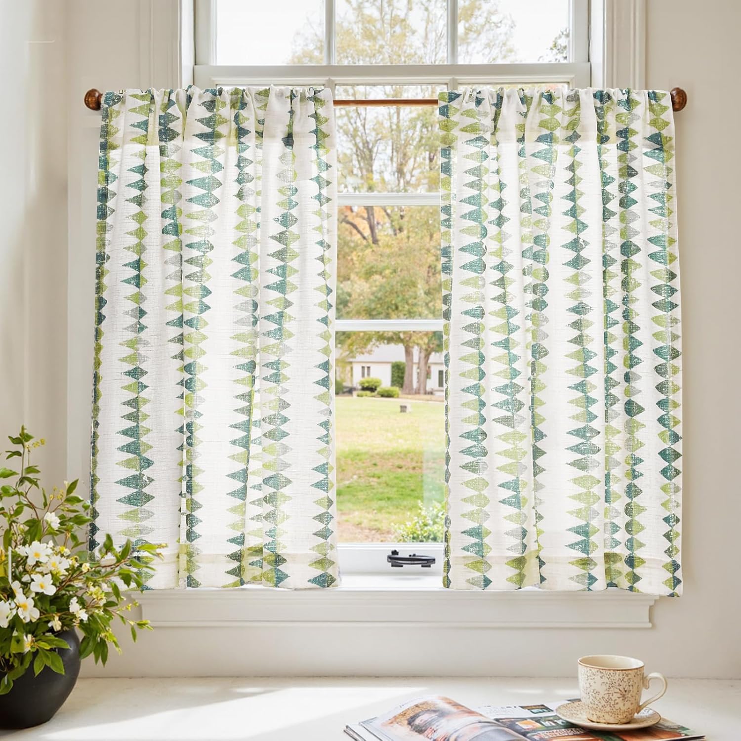 jinchan Mudcloth Boho Kitchen Curtains for Windows Sage Green Cafe Curtain Light Filtering 36 Inch Linen 2 Panels Window Tier for Cabin Rustic Living Room Bathroom