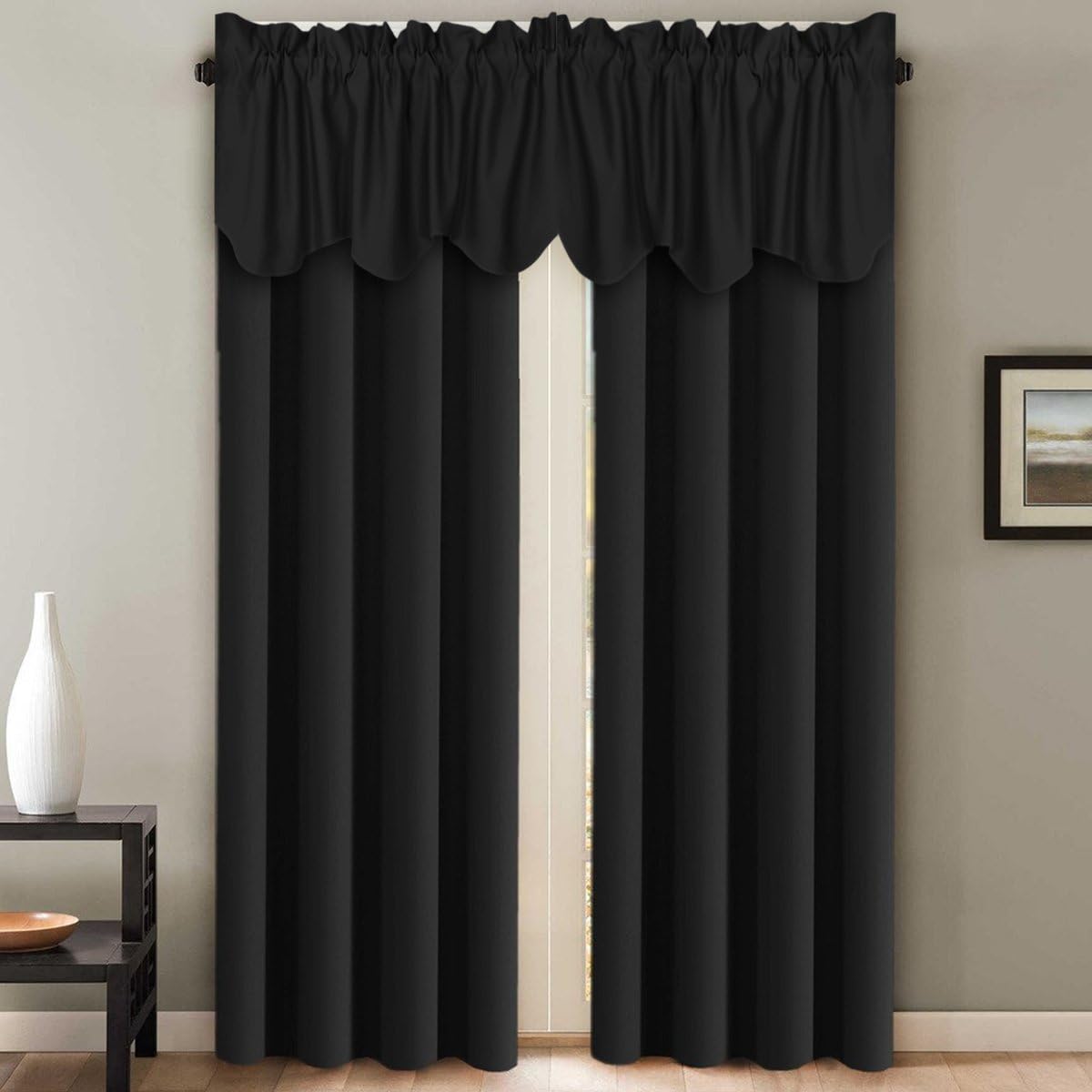 H.VERSAILTEX 2 Panels Blackout Curtain Valances for Kitchen Windows/Living Room/Bathroom Privacy Protection Rod Pocket Decoration Scalloped Window Valance Curtains, 52" W x 18" L, Black