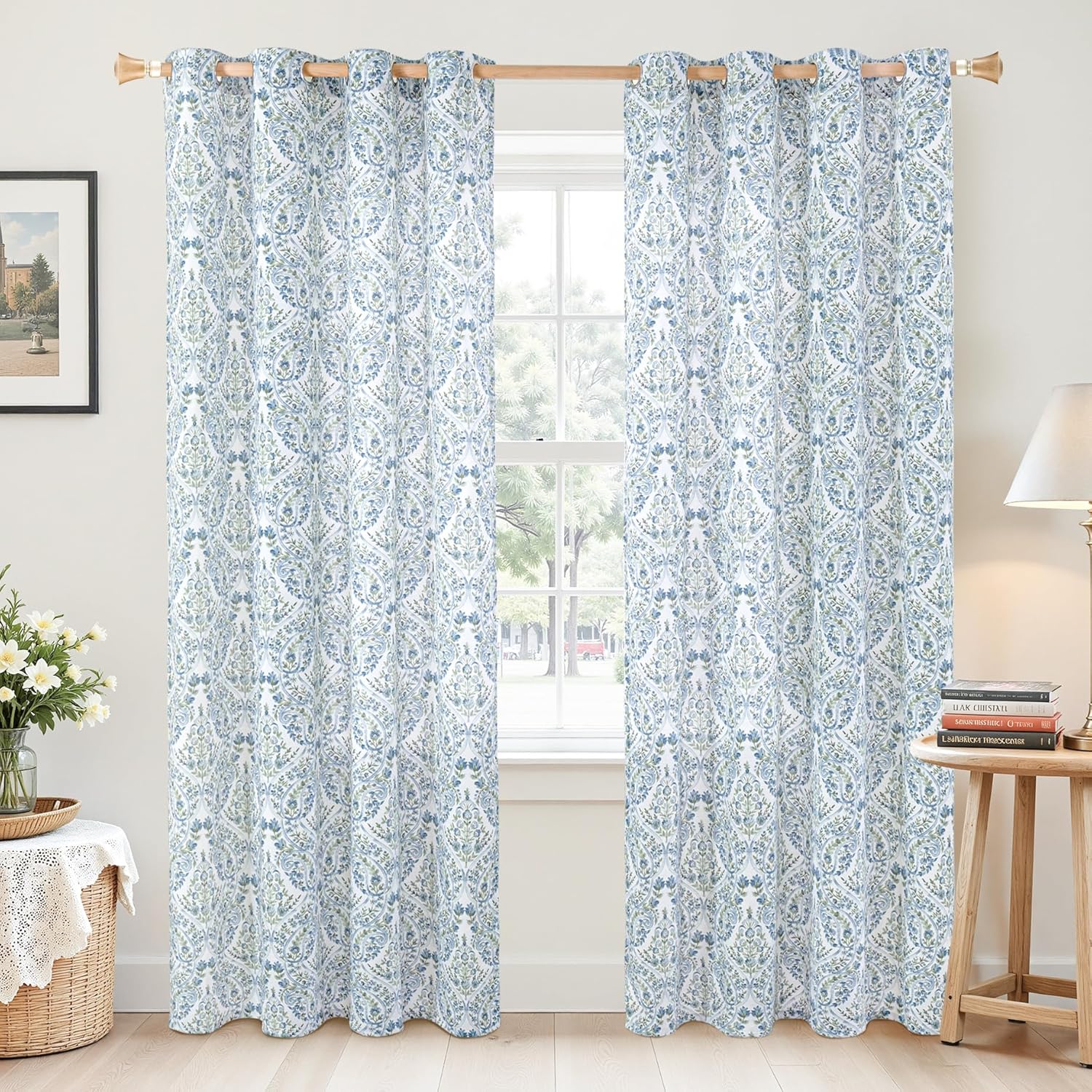 BGment Boho Curtains for Living Room - Linen Leaf Paisley Floral Pattern Light Filtering Grommet Window Semi Sheer Drapes for Farmhouse, 2 Panels, 52 x 84 Inch, Blue