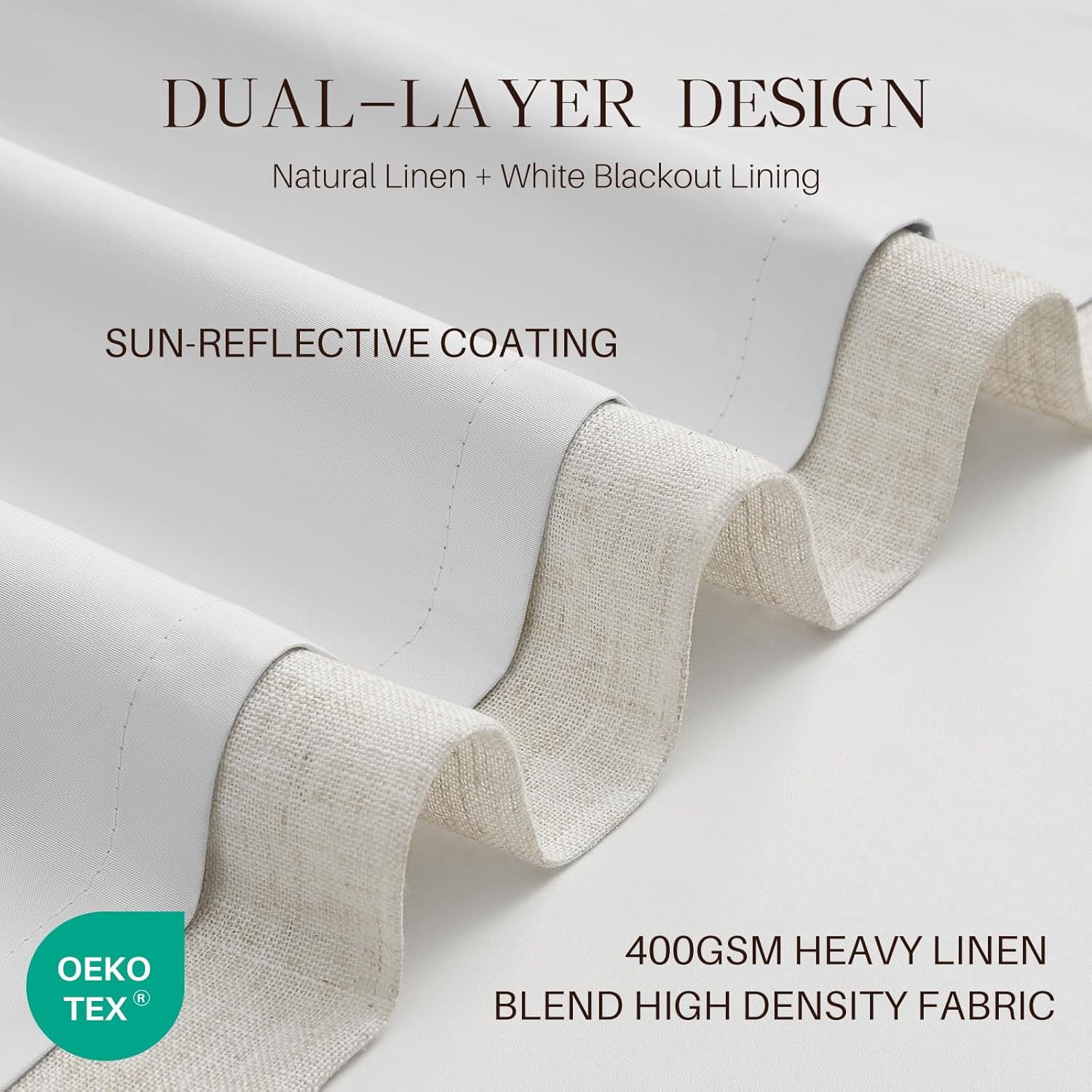 Alternative view of Pinch Pleated Linen Blackout Curtains 84 Inches Long for Bedroom Living Room, 100% Black Out Memory Trained Thermal Insulated Room Darkening Curtain with Rings Hooks, 2 Panels, Natural, 40"Wx84"L