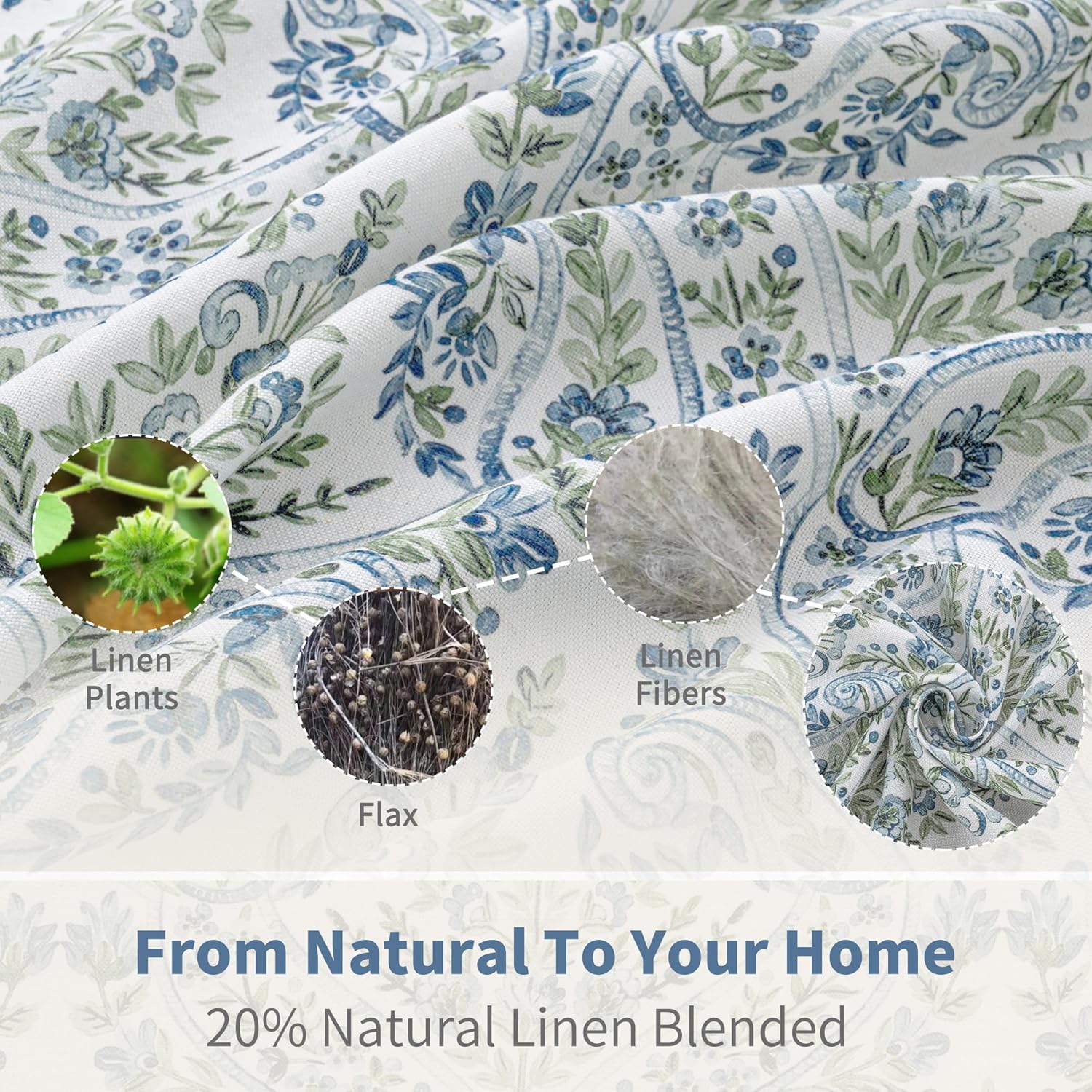 Alternative view of BGment Boho Curtains for Living Room - Linen Leaf Paisley Floral Pattern Light Filtering Grommet Window Semi Sheer Drapes for Farmhouse, 2 Panels, 52 x 84 Inch, Blue