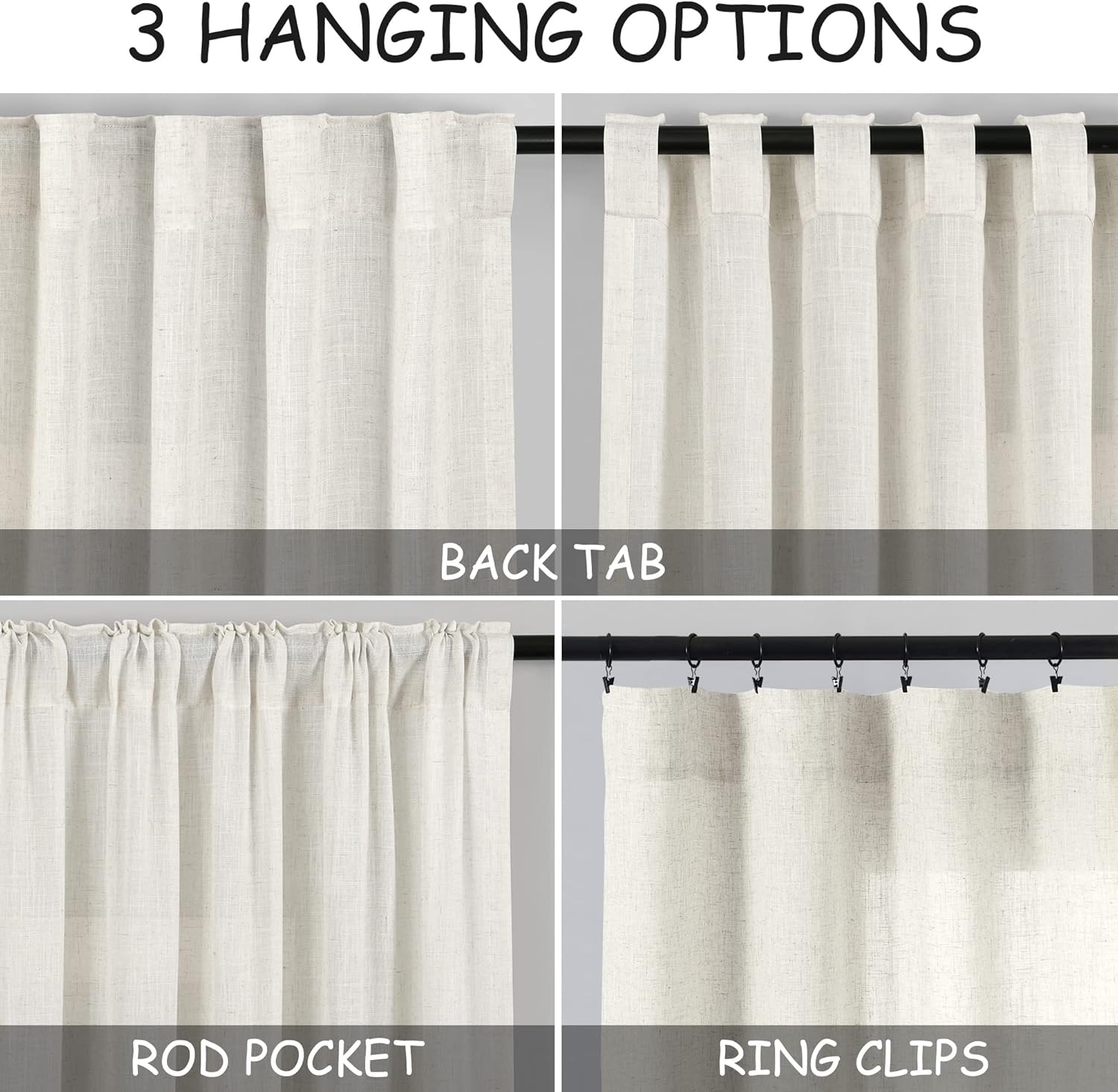 Alternative view of Cream Linen Back Tab Curtains 84 Inch Length for Living Room 2 Panel Set Neutral Modern Farmhouse Window Privacy Semi Sheer Linen Drapes Rustic Pinch Pleated Look Curtain Natural Ivory Colored