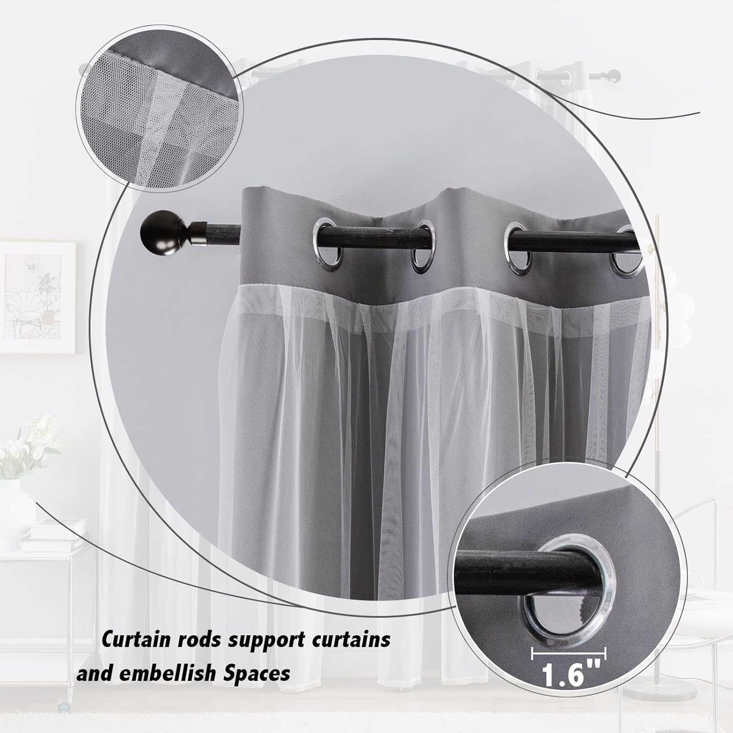 Alternative view of Anytime Home Curtains Blackout and Sheer Layered Solid Window Curtain Panel Pair with Grommet Top, 52Wx84L,Grey