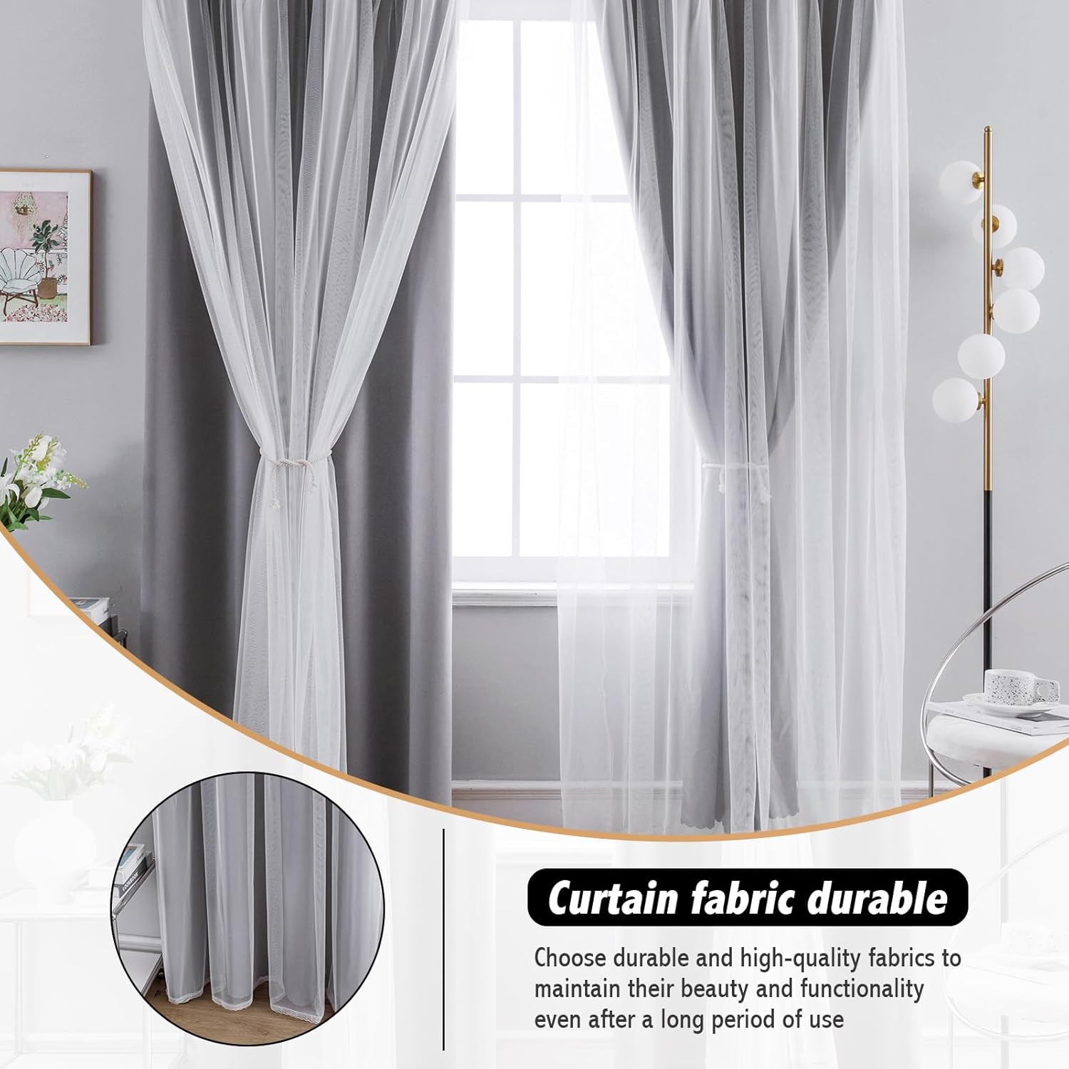 Anytime Home Curtains Blackout and Sheer Layered Solid Window Curtain Panel Pair with Grommet Top, 52Wx84L,Grey - Image 5