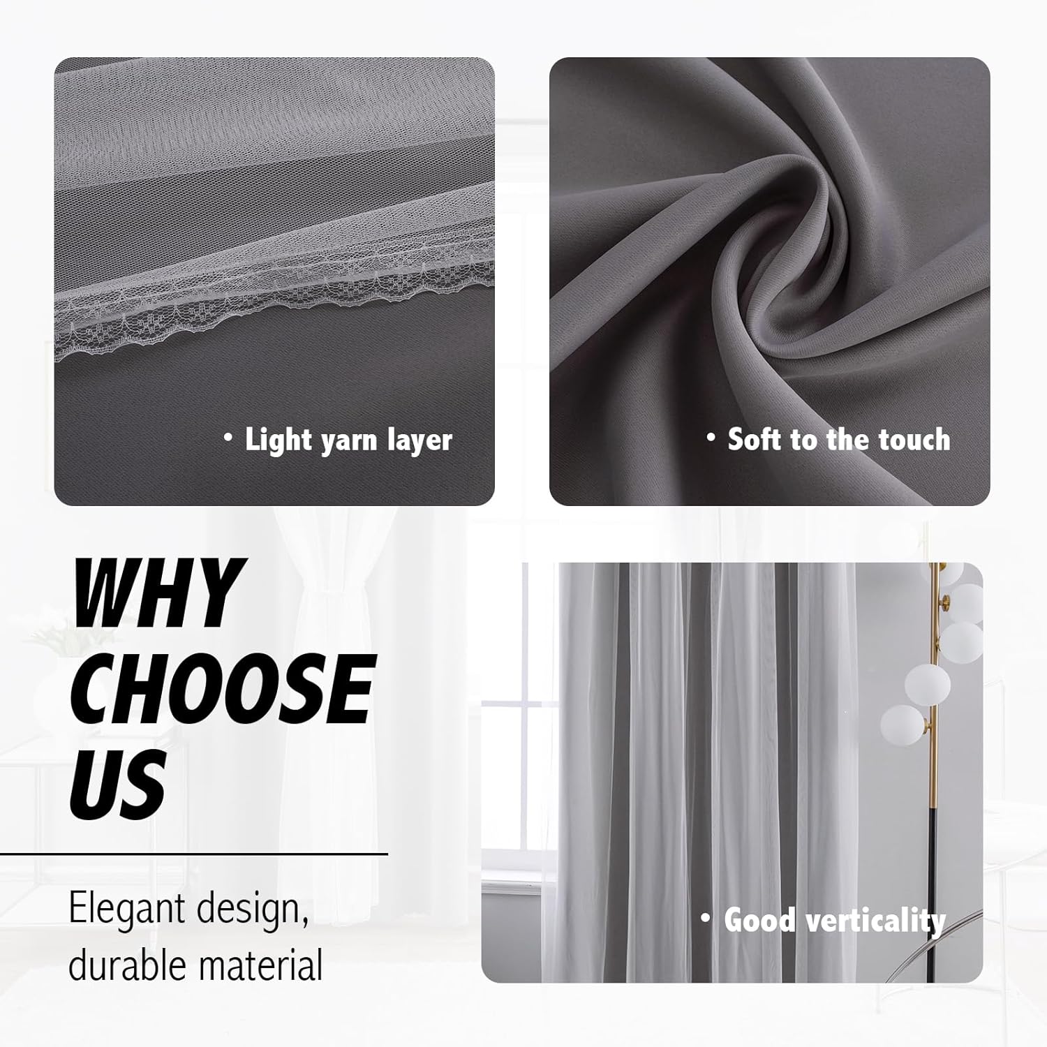 Anytime Home Curtains Blackout and Sheer Layered Solid Window Curtain Panel Pair with Grommet Top, 52Wx84L,Grey - Image 6