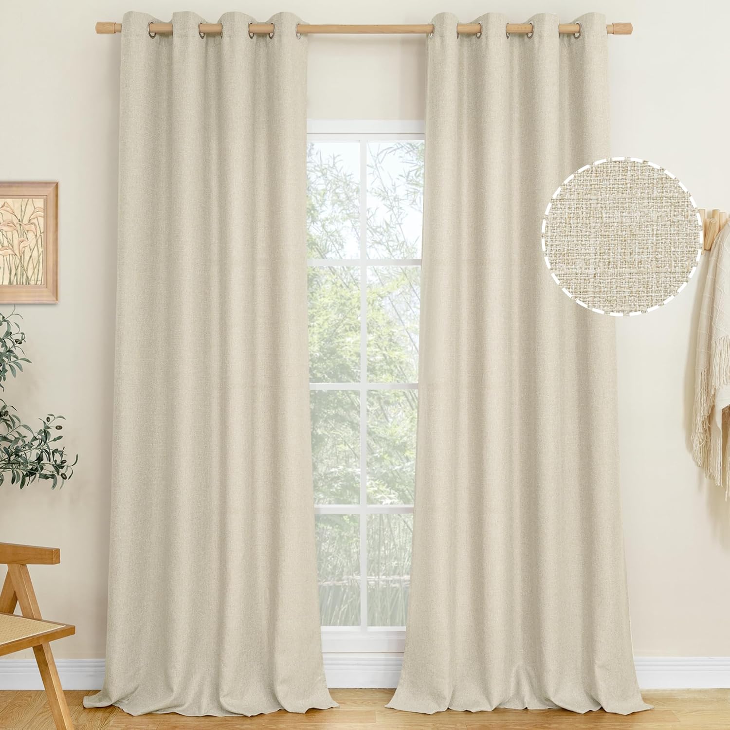 LAMIT Linen Curtains 84 inch Length 2 Panels, Grommet Thick Soft Light Filtering Curtains Privacy Living Room Window Drapes for Bedroom/Farmhouse, W52 x L84, Natural Beige