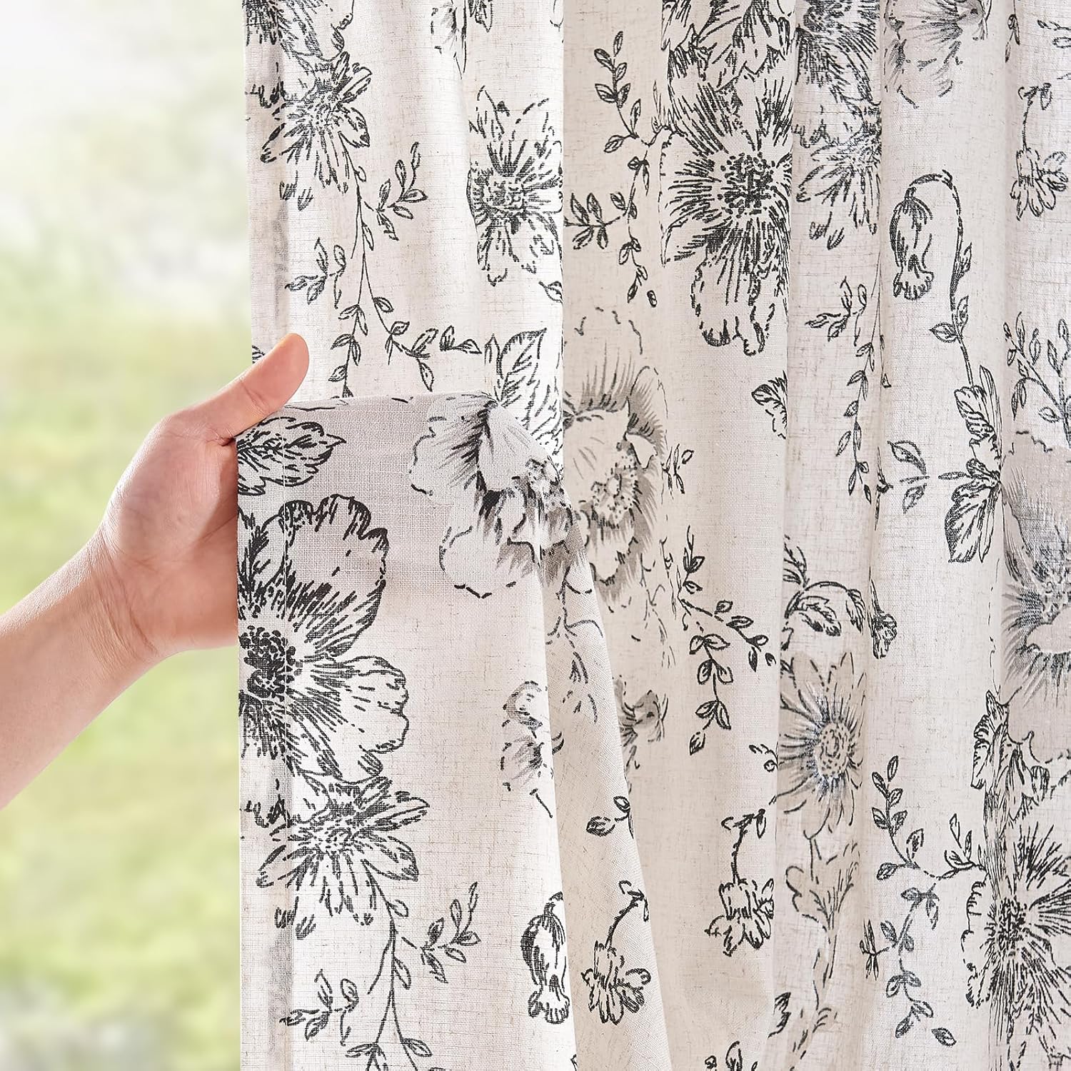 Alternative view of jinchan Linen Blend Curtain Floral Curtains for Living Room 84 Inch Length Farmhouse Curtain Rod Pocket Back Tab Black Printed Peony Flower Patterned Drapes Bedroom Window Curtains Set 2 Panels