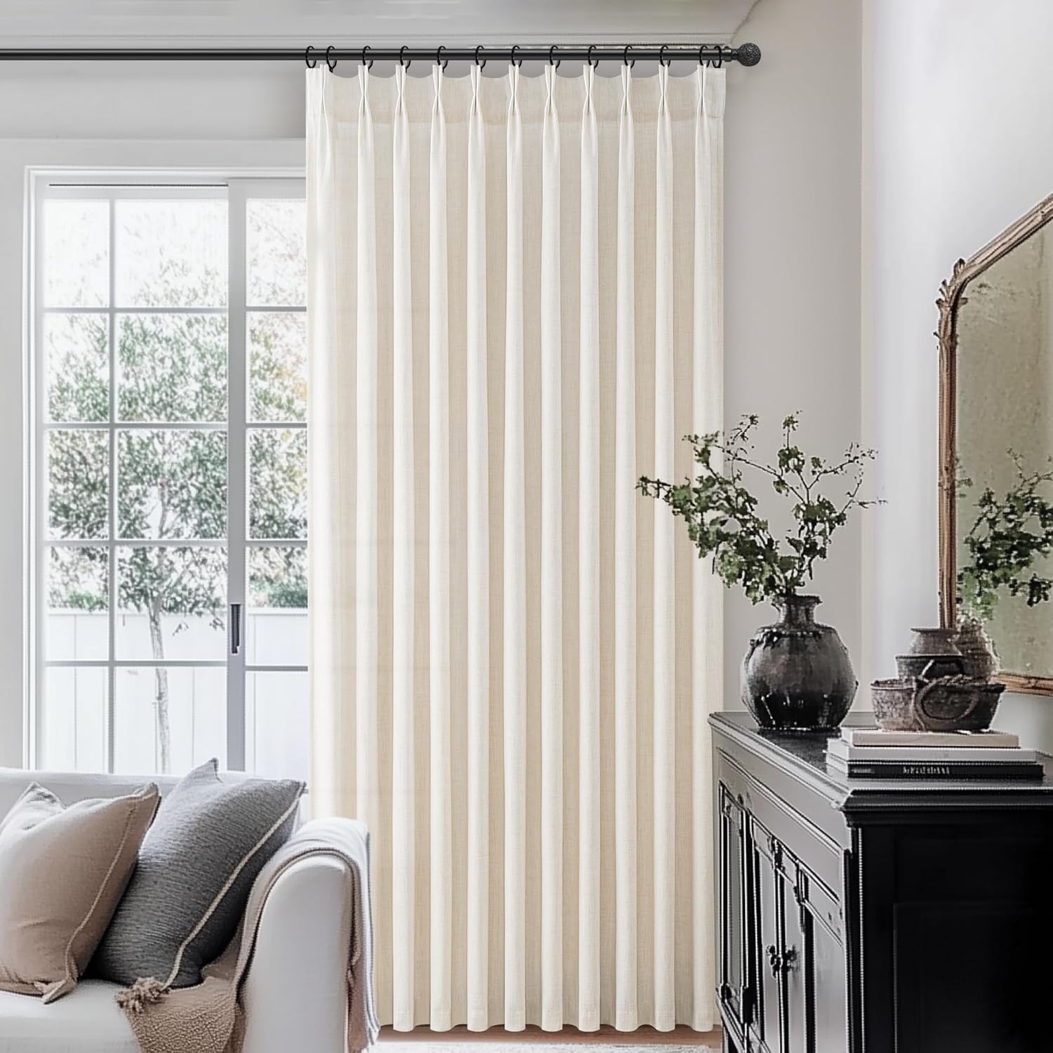 Pinch Pleated Linen Curtains 96 Inches Long for Living Room Bedroom, Light Filtering Boho Window Drape 96 inch 2 Panels Burgs with Hooks&Rings 8ft Cream Birch Sliding Glass Door Sheer Curtain Decor