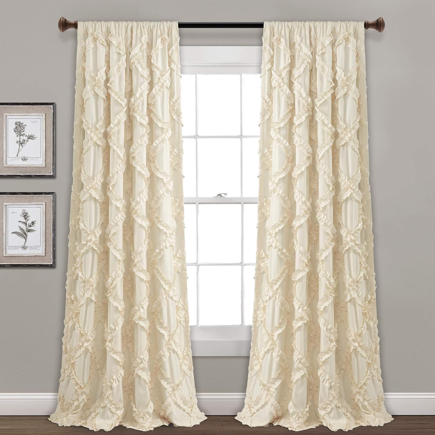 Lush Decor, Ivory Ruffle Diamond Curtains Textured Window Panel Set for Living, Dining Room, Bedroom (Pair), 95u201D x 54
