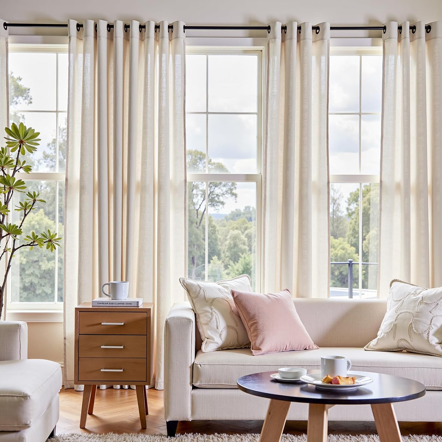 JINCHAN Linen Curtains for Living Room Beige Grommet Top Window Treatment Set for Bedroom 2 Panels 96 inches Long Crude