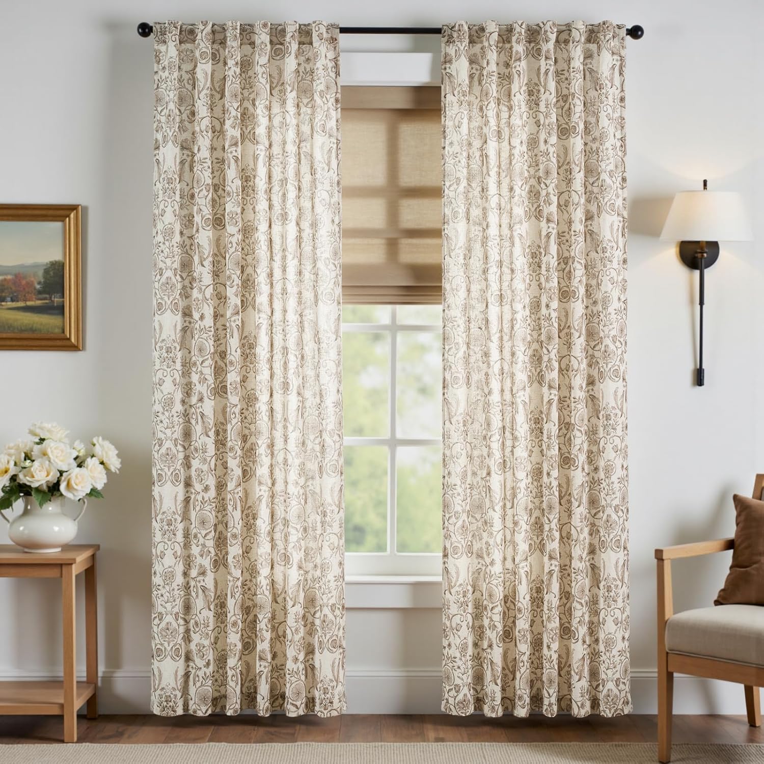 jinchan Linen Floral Curtains for Living Room with Printed Flower 84 Inches Long Light Filtering Farmhouse Window Treatment Vintage Drapes Back Tab Rod Pocket 2 Panels Taupe on Beige
