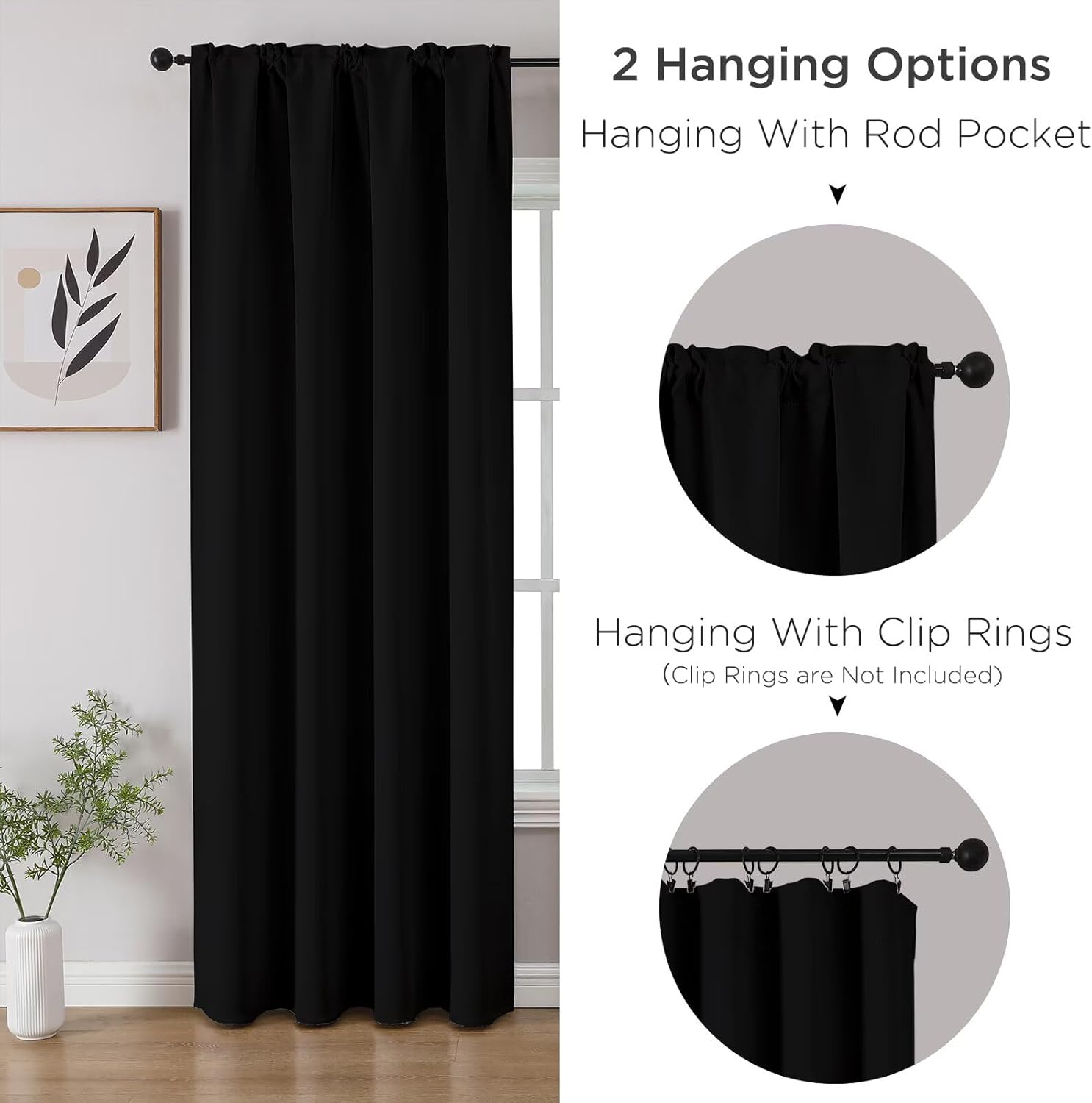 Alternative view of CUCRAF Black Blackout Curtains 84 inch Length 2 Panels Set, Rod Pocket Room Darkening Drapes for Bedroom Living Room, Insulated Thermal Light Blocking Window Curtain (W52 x L84 Inch)