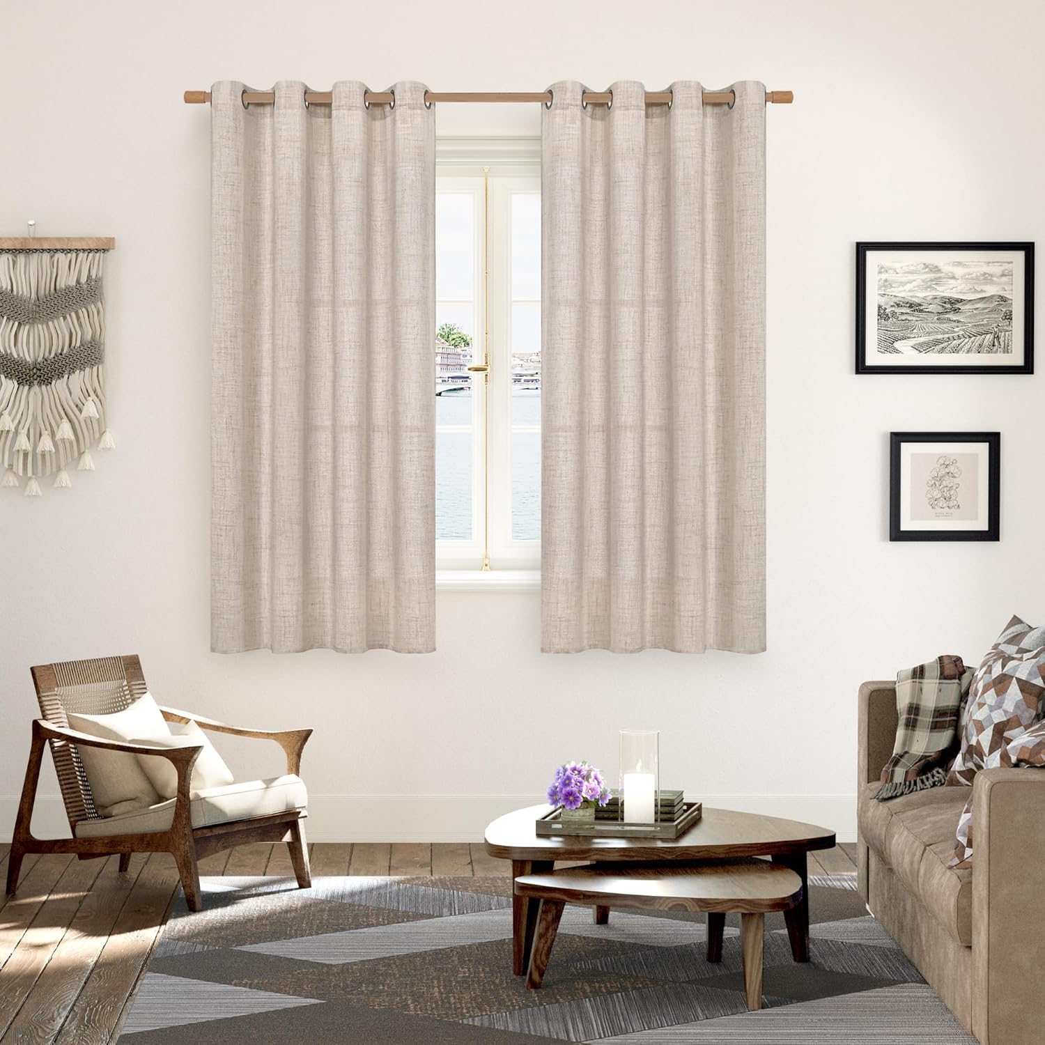 YoungsTex Linen Semi Sheer Curtains 63 Inch Length 2 Panels for Living Room - Light Filtering Drapes with Bronze Grommet Beige Window Treatments for Country Office Bedroom, 52 X 63 Inch
