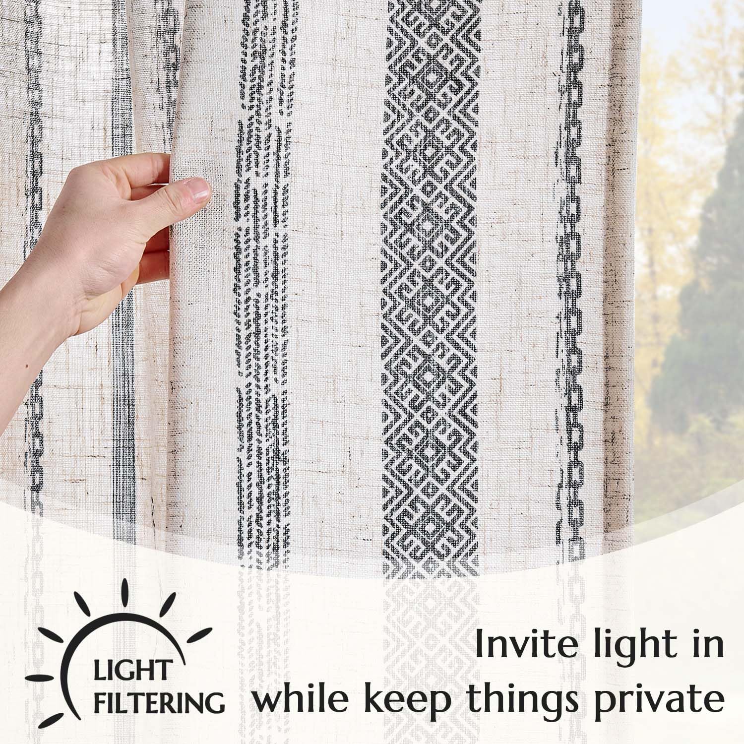Alternative view of jinchan Linen Blend Boho Curtains for Living Room, 84 Inch Long Black Printed on Beige Retro Farmhouse Bohemian Geometric Striped Drapes, Light Filtering Back Tab Curtains 2 Panels