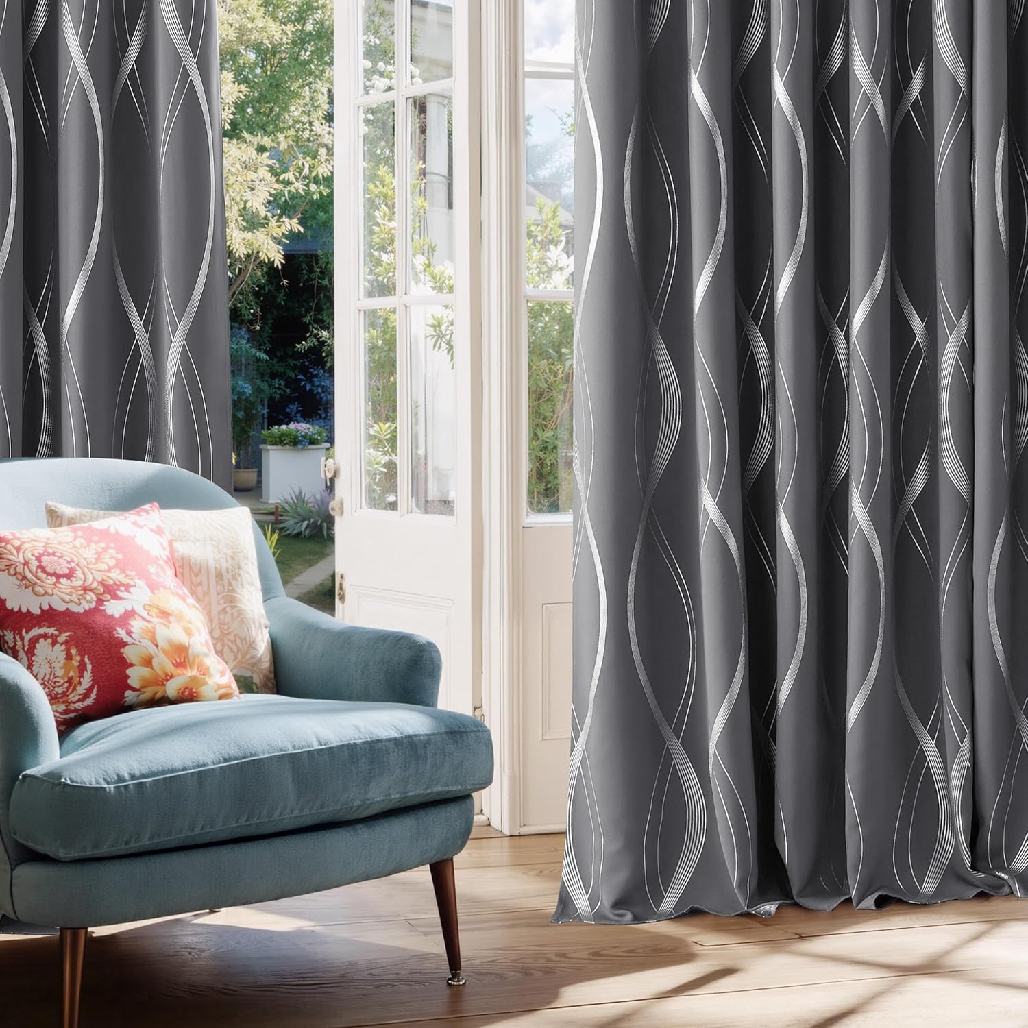 NICETOWN Grey Blackout Floral Pattern Curtains for Living Room 84 inch Long 2 Panels Set, Noise Reducing Thermal Insulated Wave Line Foil Print Bedroom Drapes for Patio Sliding Glass Door (52 x 84)