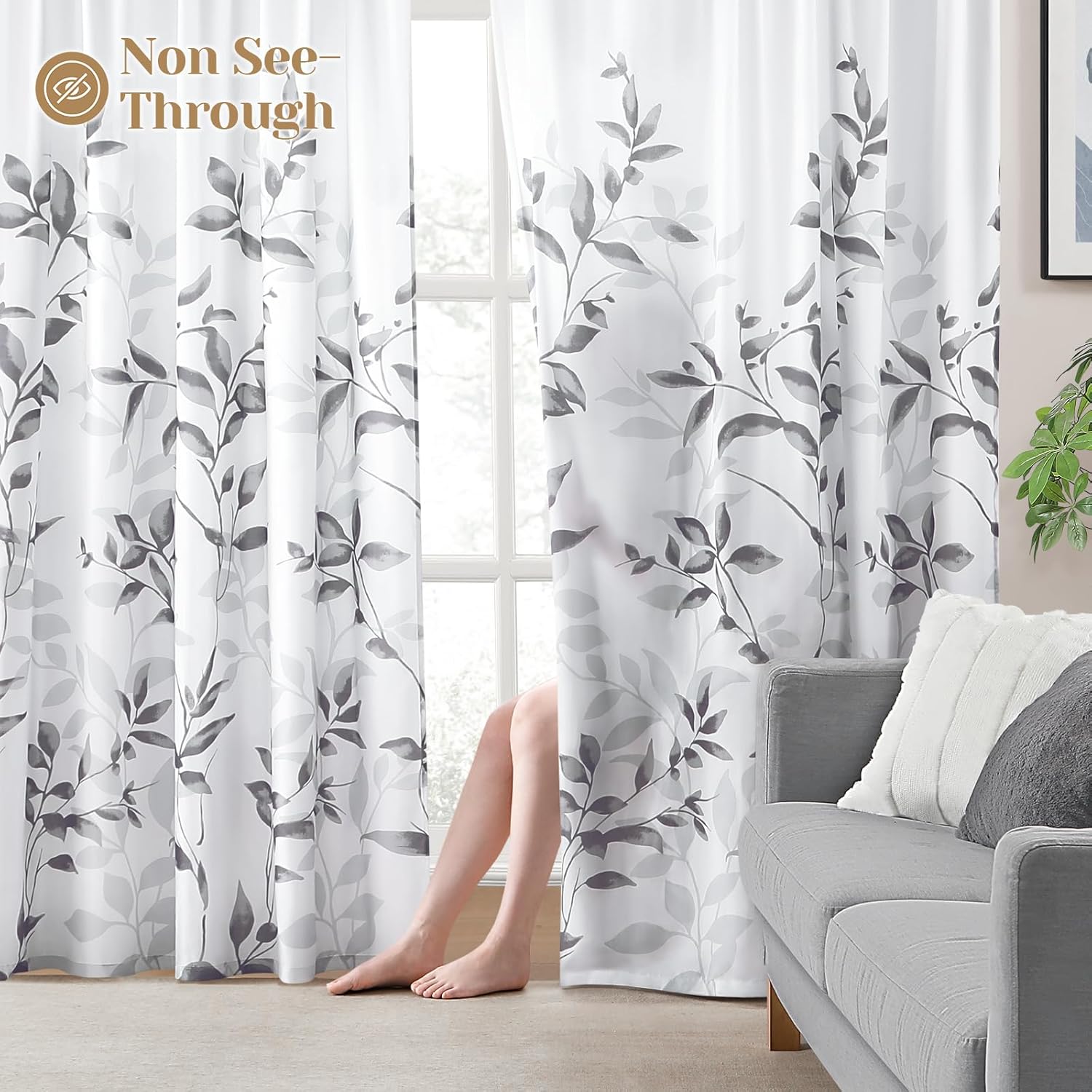 Alternative view of HOMEIDEAS Non-See-Through Light Grey and White Privacy Sheer Curtains 52 X 63 Inch Length 2 Panels, Leaf Floral Printed Light Filtering Semi Sheer Window Curtains Drapes for Bedroom Living Room