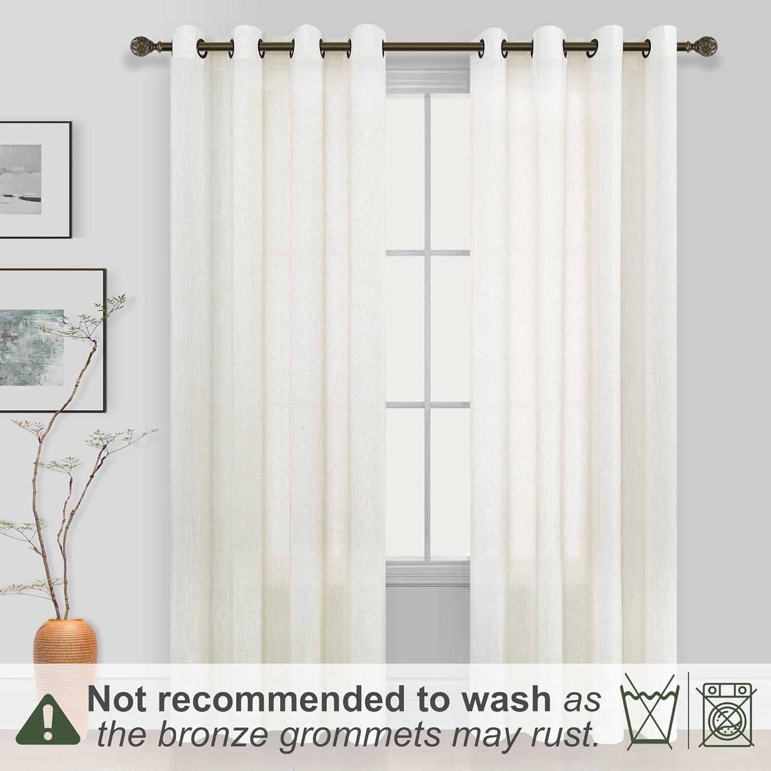 Alternative view of KOUFALL Linen Curtains for Living Room, Bronze Grommet, Semi Sheer Light Filtering Curtains, Neutral Cream Farmhouse Curtain Drapes 84 Inches Long 2 Panels Set