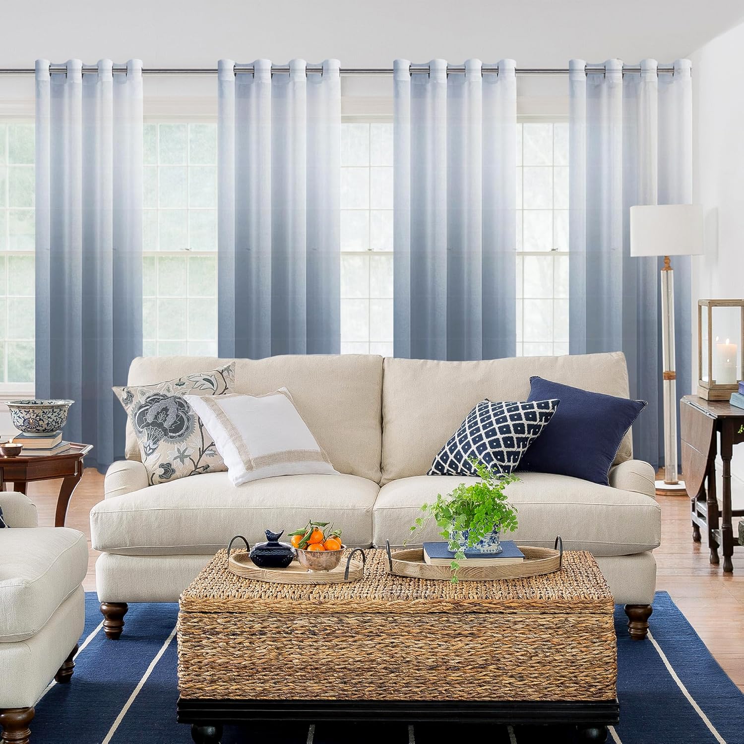 Alternative view of DWCN Faux Linen Ombre Sheer Curtains - Gradient Semi Voile Grommet Top Window Curtains for Bedroom and Living Room, Set of 2 Panels, 52 x 84 Inches Long, Denim Blue