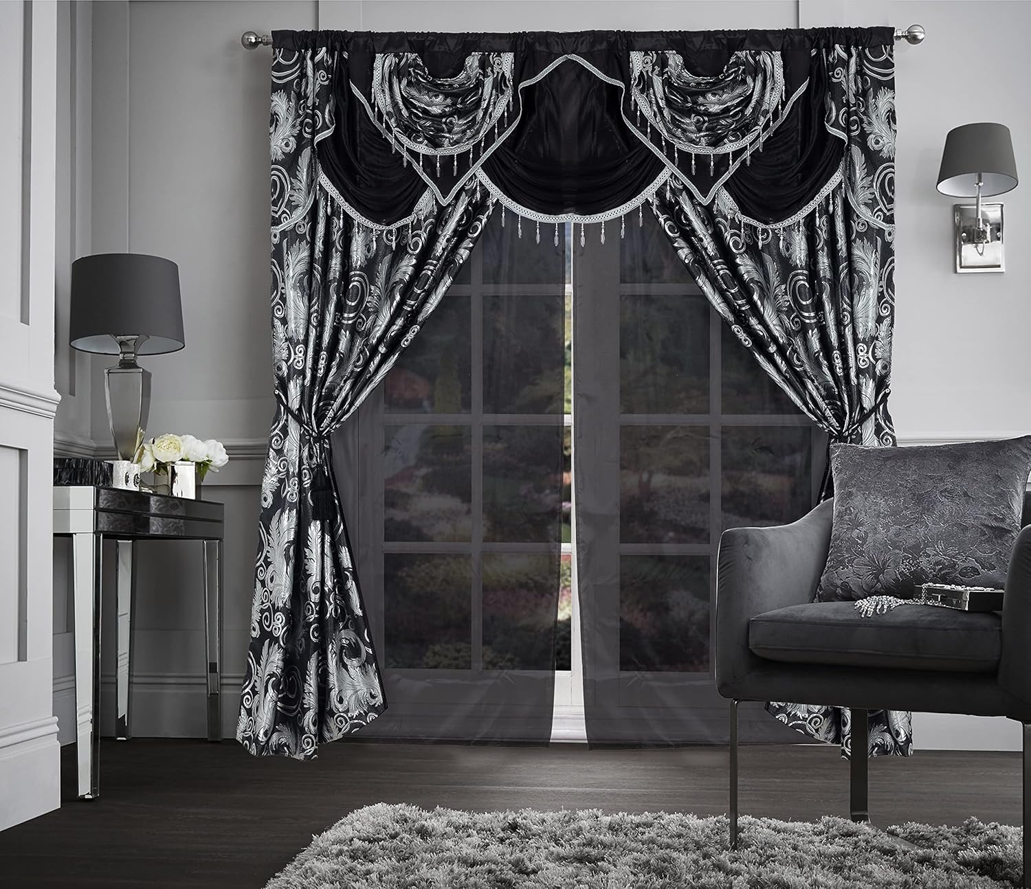 Alternative view of GLORY RUGS Jacquard Luxury Window 2 Panel Set Black Curtain with Attached Valance and Backing Bedroom Living Room Dining 2 Curtains 55x84 inches Each Jana