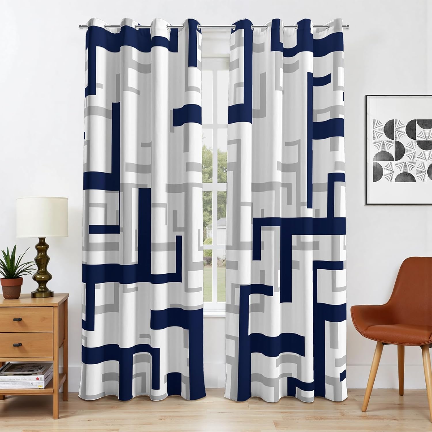 weesire Modern Blackout Curtains for Bedroom Living Room 2 Panels 100% Blackout Blue and White Pattern Curtains Abstract Curtains, 52x84 Inches
