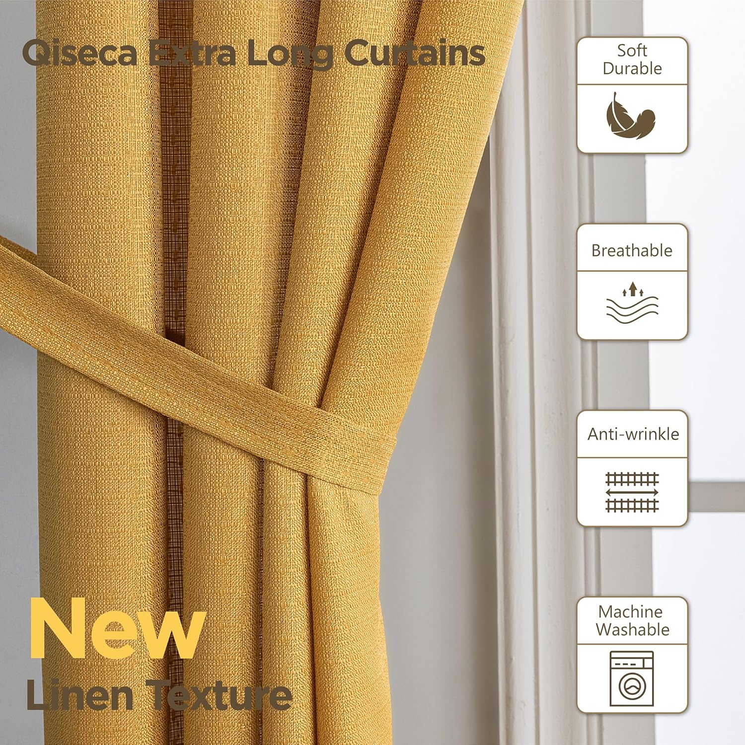 Alternative view of Qiseca Curtains for Living Room Yellow Semi Sheer Extra Long Linen Drapes 52x144 Inches Custom Made for Tall Ceiling to Floor Window 2 Story Curtain (12ft) 1 Panel