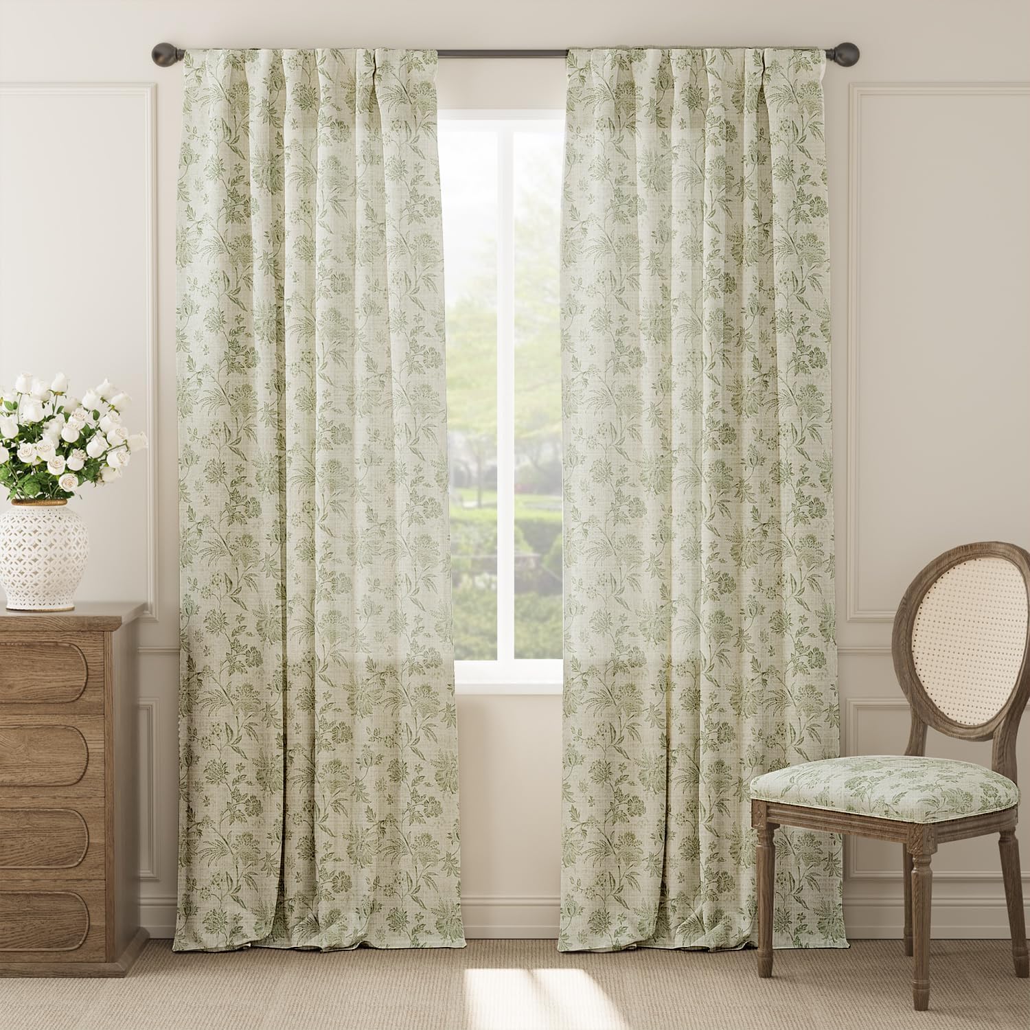jinchan Linen Floral Curtains for Living Room with Printed Flower 108 Inches Long Light Filtering Extra Long Back Tab Rod Pocket Sage Green Window Curtain Set Farmhouse Drapes, 2 Panels