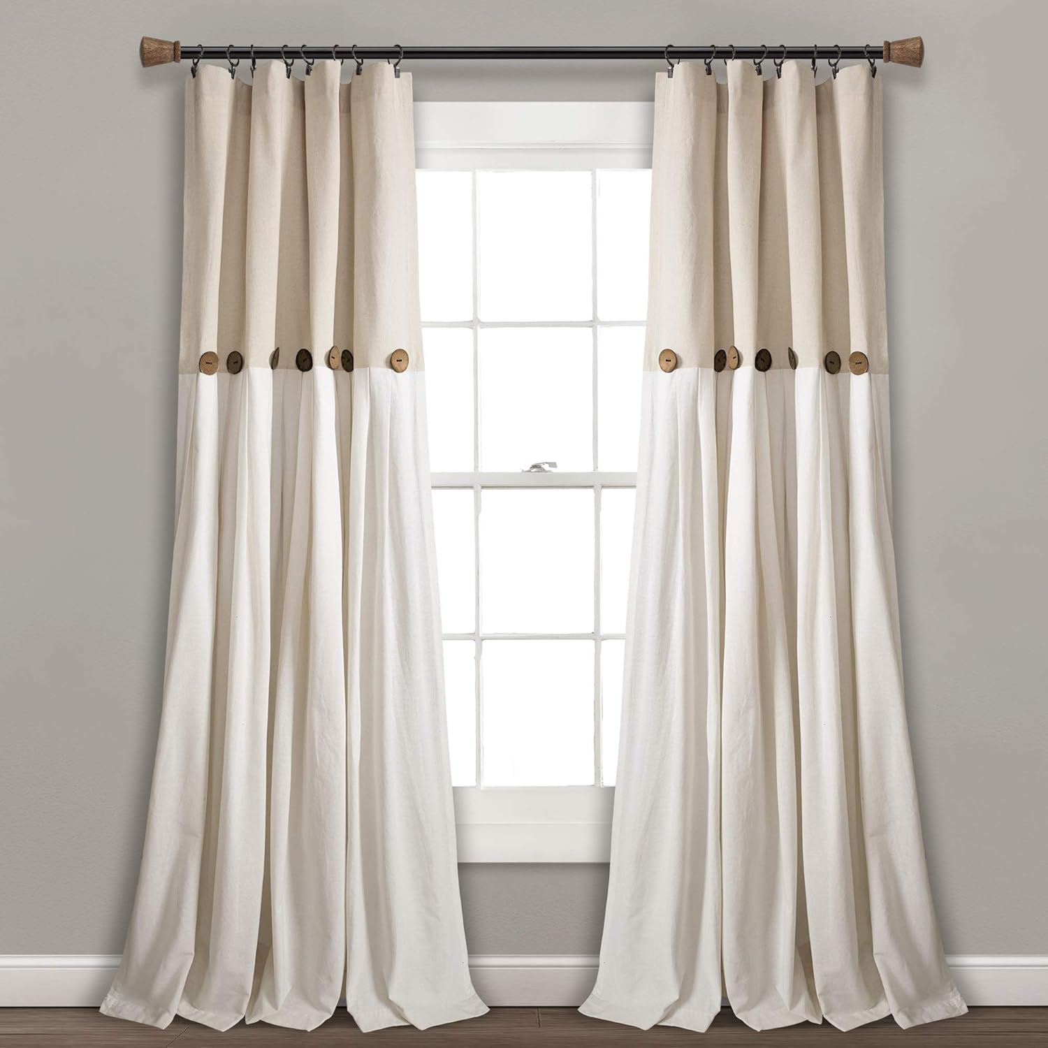 Lush Decor Linen Button Window Curtain Panel, Single, 40" W x 84" L, Linen- Country Curtains - Rustic Decor - Color Block - Modern Farmhouse Curtains